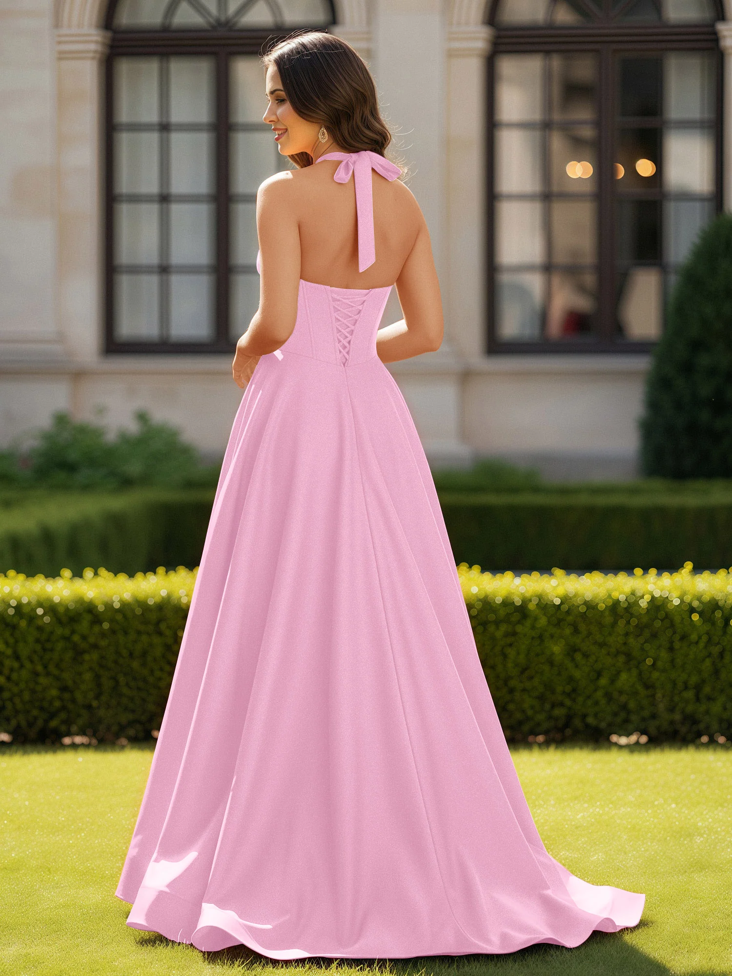 Halter Neck Sleeveless Satin Graceful Prom Dress Candy Pink - Image 2