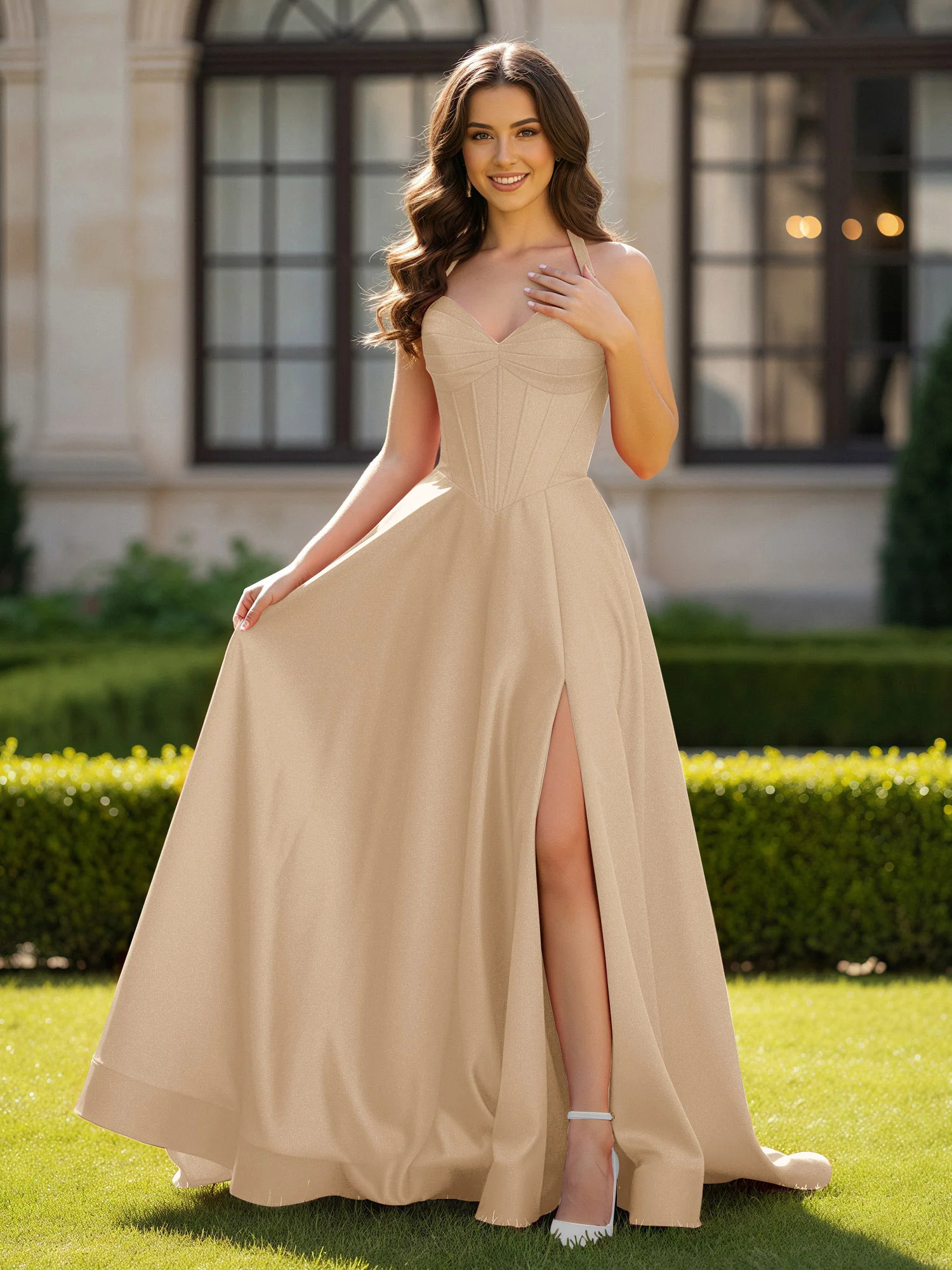 Halter Neck Sleeveless Satin Graceful Prom Dress Champagne