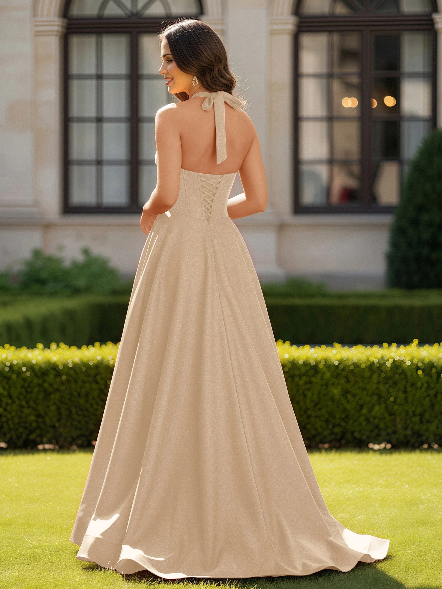 Halter Neck Sleeveless Satin Graceful Prom Dress Champagne - Image 2