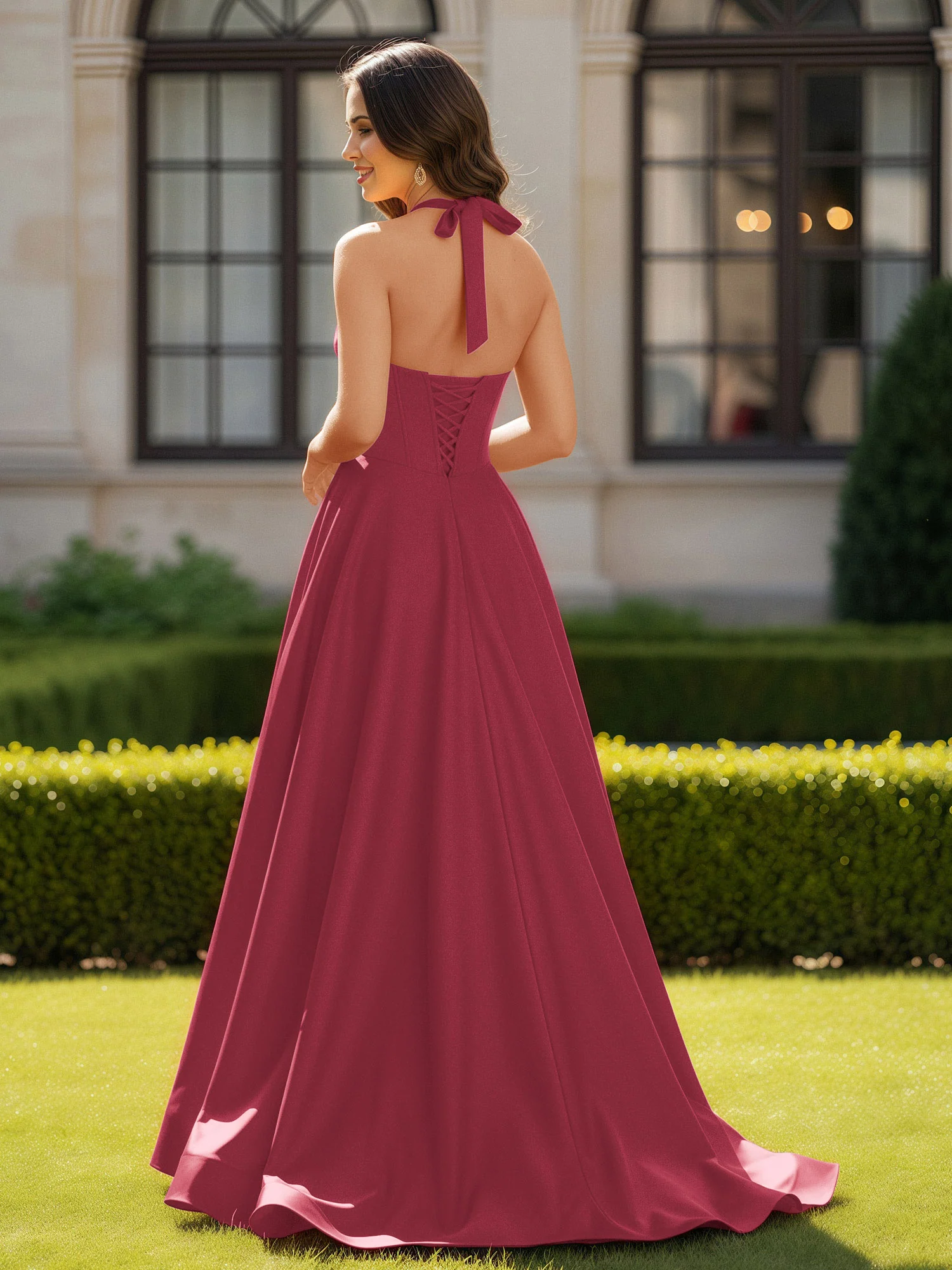 Halter Neck Sleeveless Satin Graceful Prom Dress Cinnamon Rose - Image 2