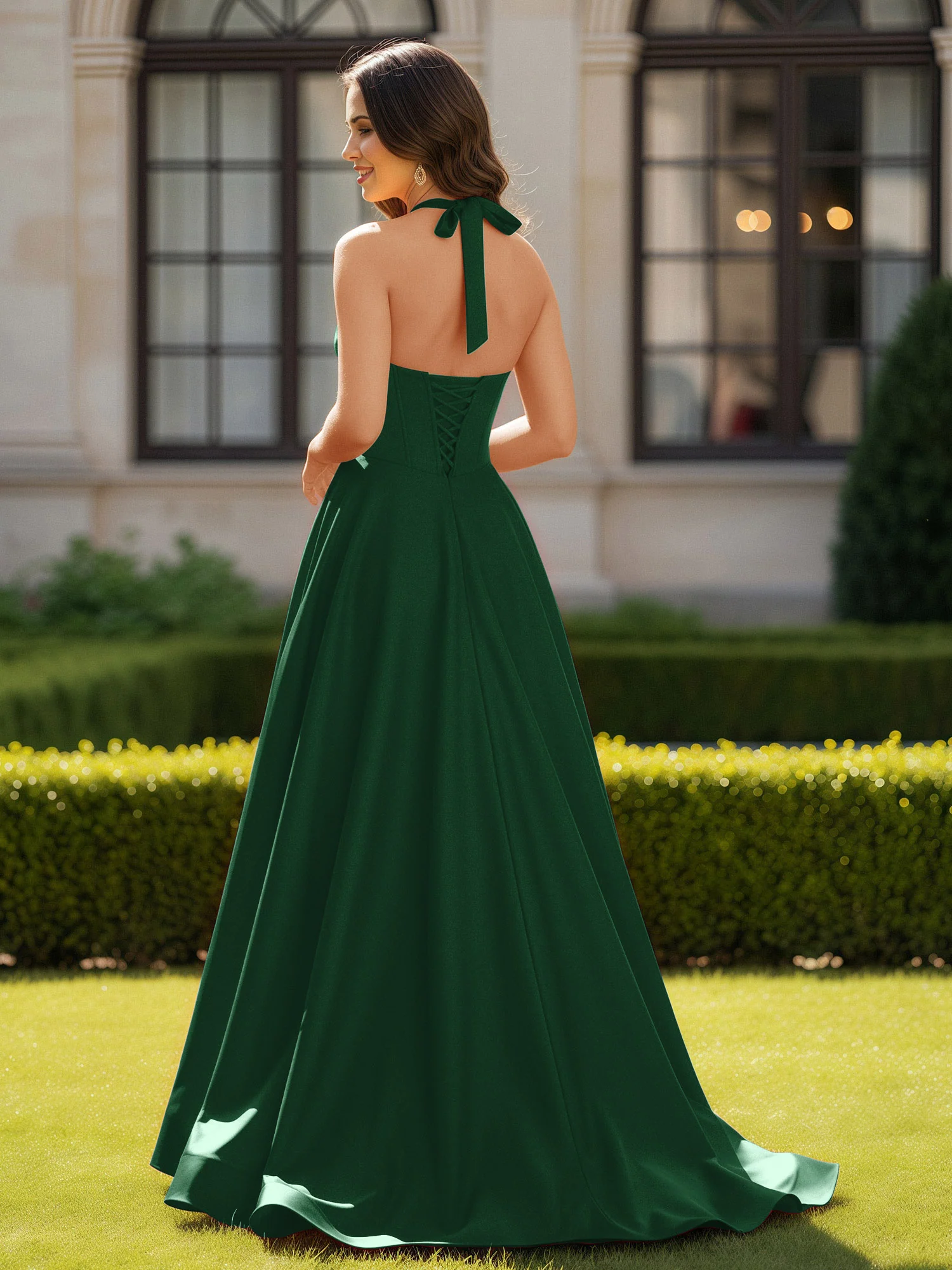 Halter Neck Sleeveless Satin Graceful Prom Dress Dark Green - Image 2