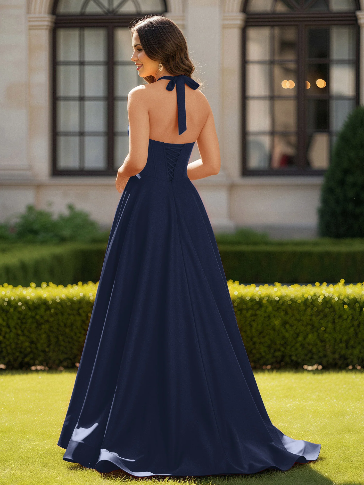 Halter Neck Sleeveless Satin Graceful Prom Dress Dark Navy - Image 2