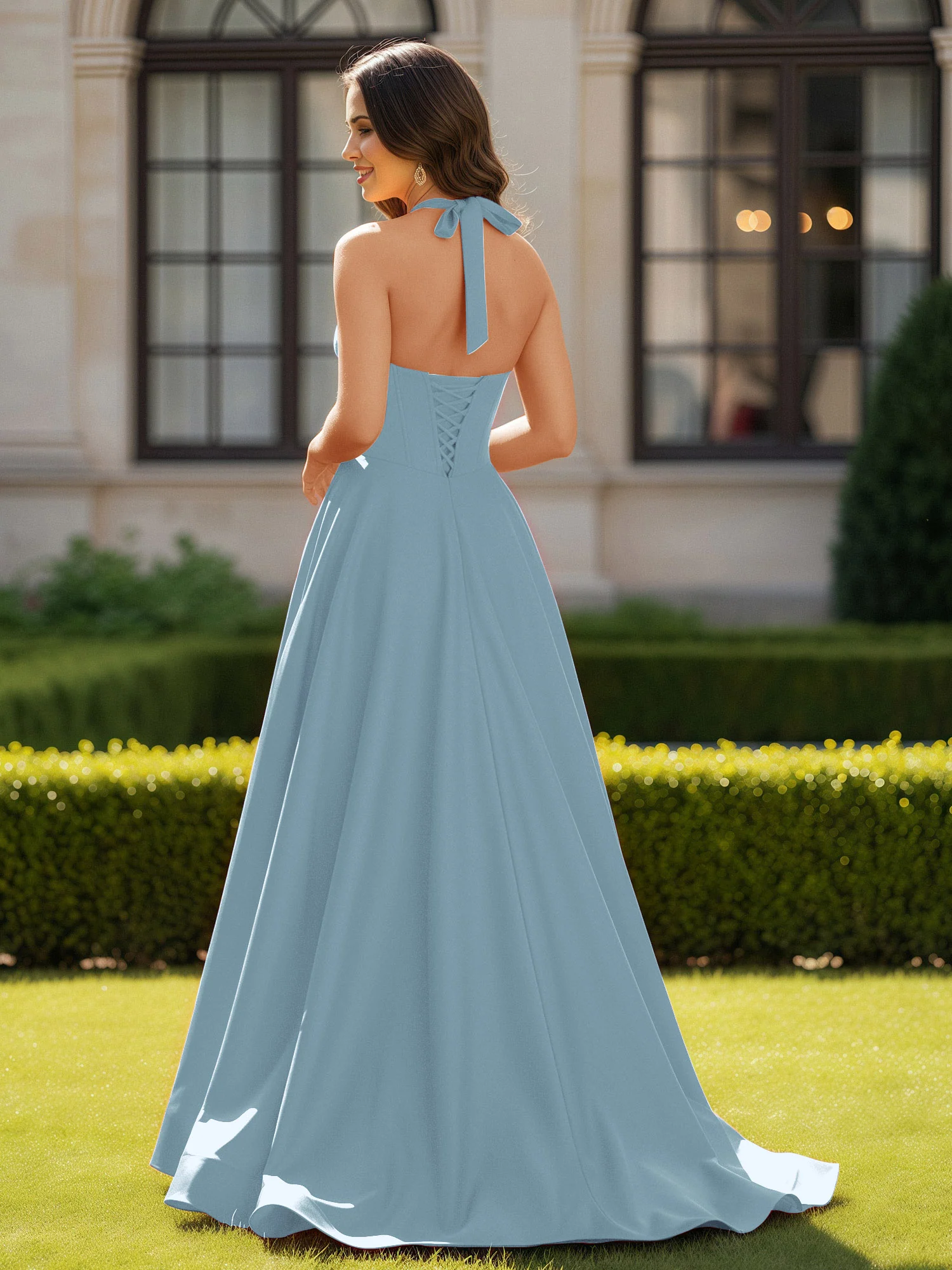Halter Neck Sleeveless Satin Graceful Prom Dress Dusty Blue - Image 2