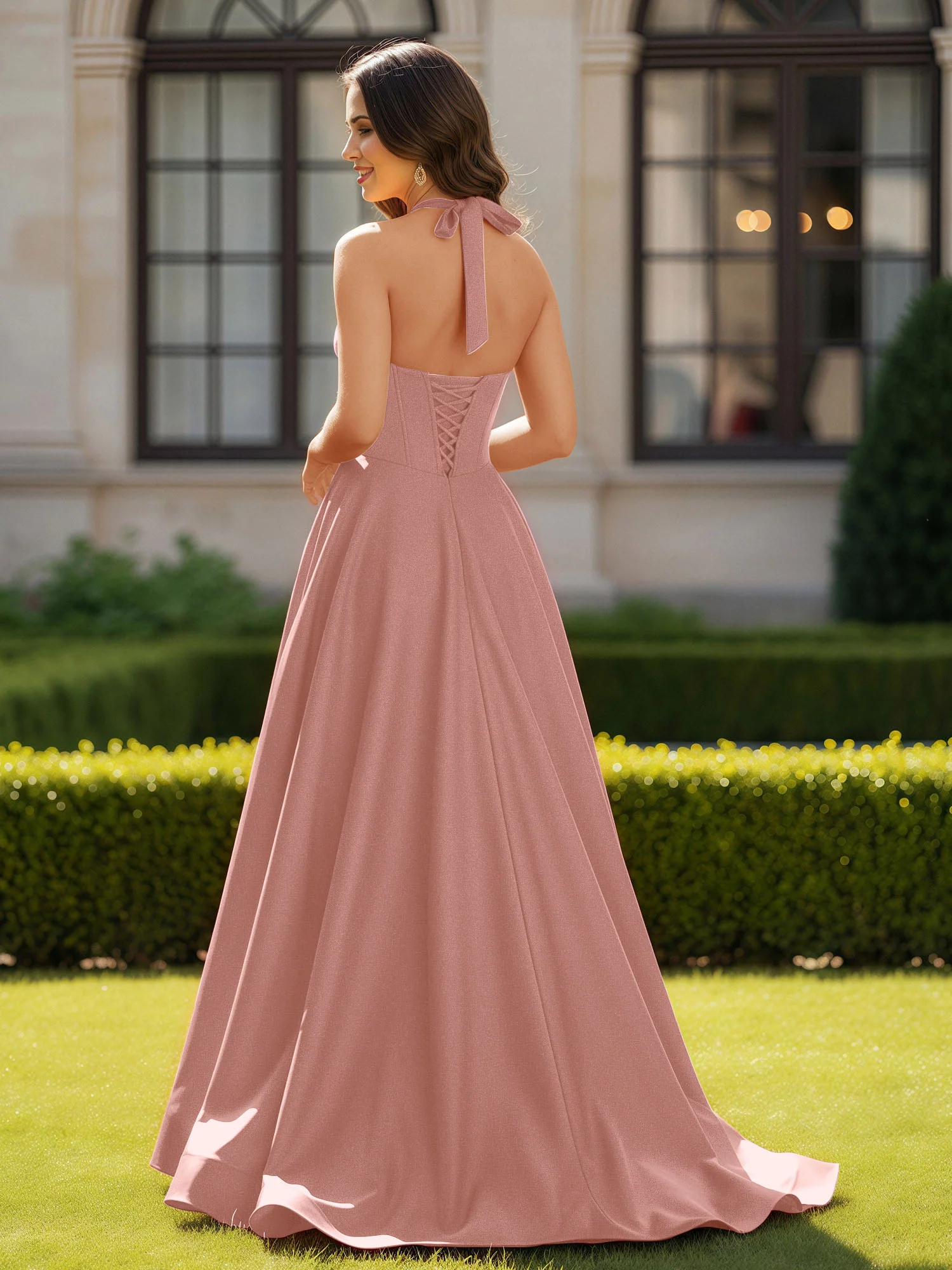 Halter Neck Sleeveless Satin Graceful Prom Dress Dusty Rose - Image 2