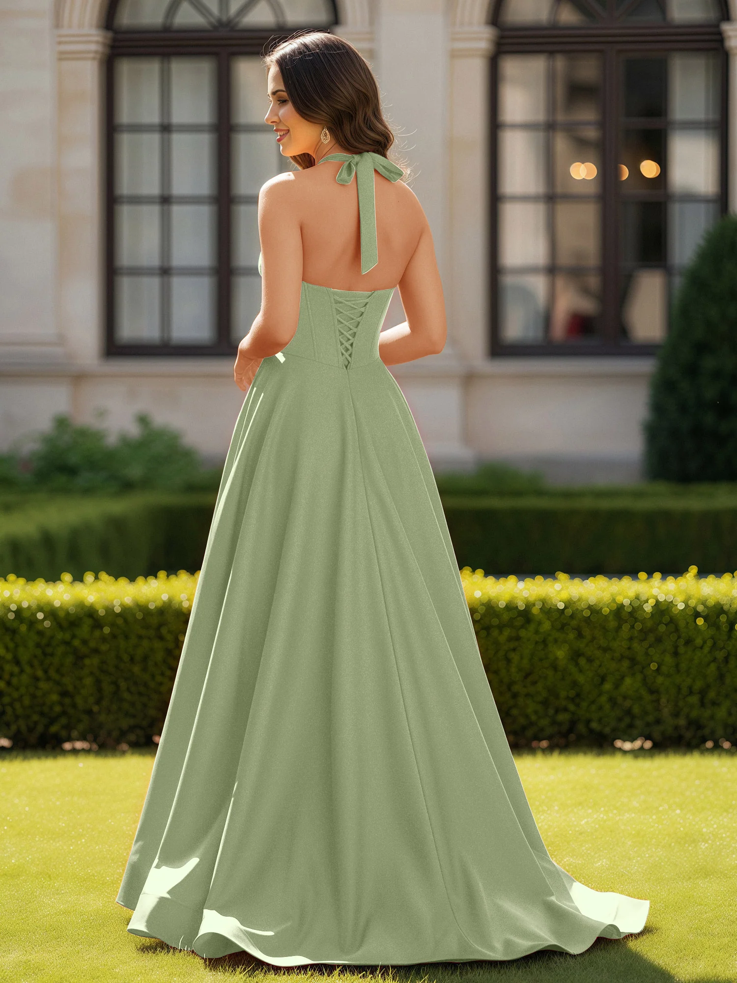 Halter Neck Sleeveless Satin Graceful Prom Dress Dusty Sage - Image 2