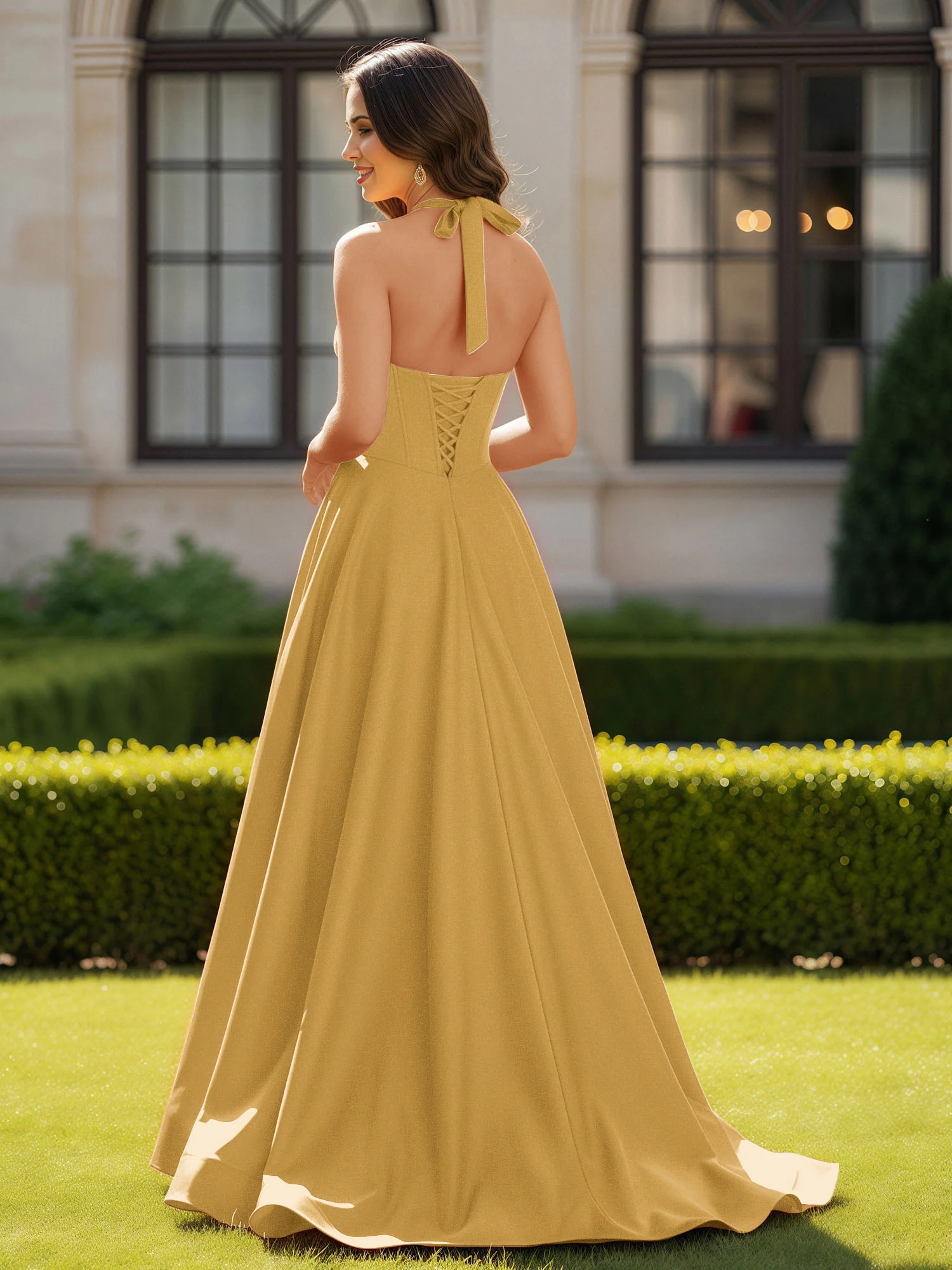 Halter Neck Sleeveless Satin Graceful Prom Dress Gold - Image 2