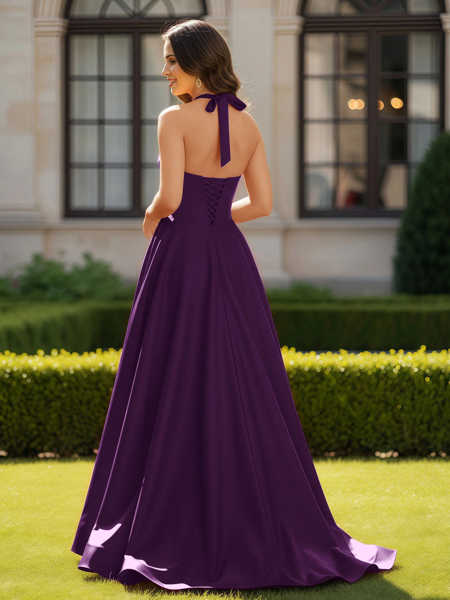Halter Neck Sleeveless Satin Graceful Prom Dress Grape - Image 2