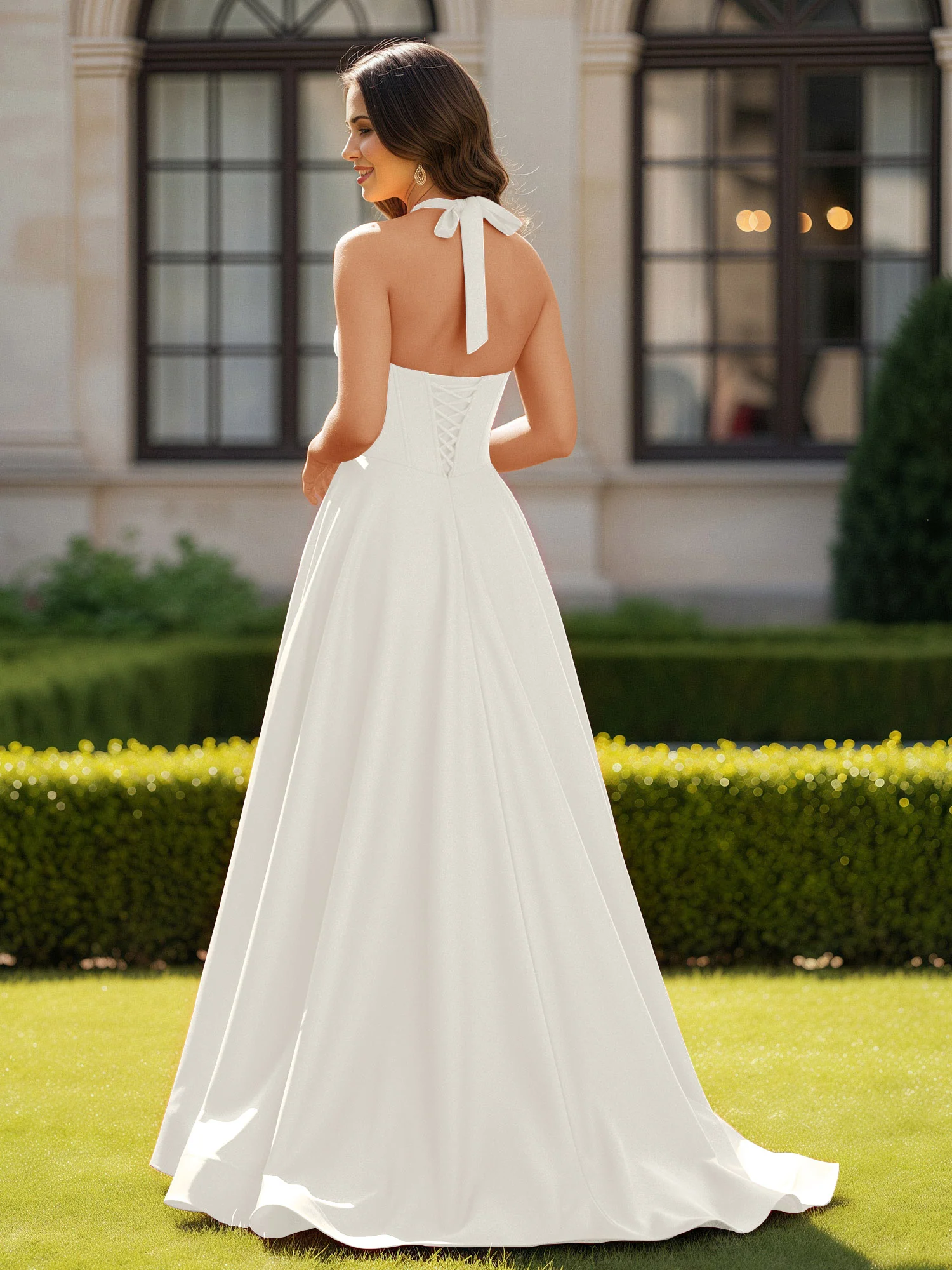 Halter Neck Sleeveless Satin Graceful Prom Dress Ivory - Image 2