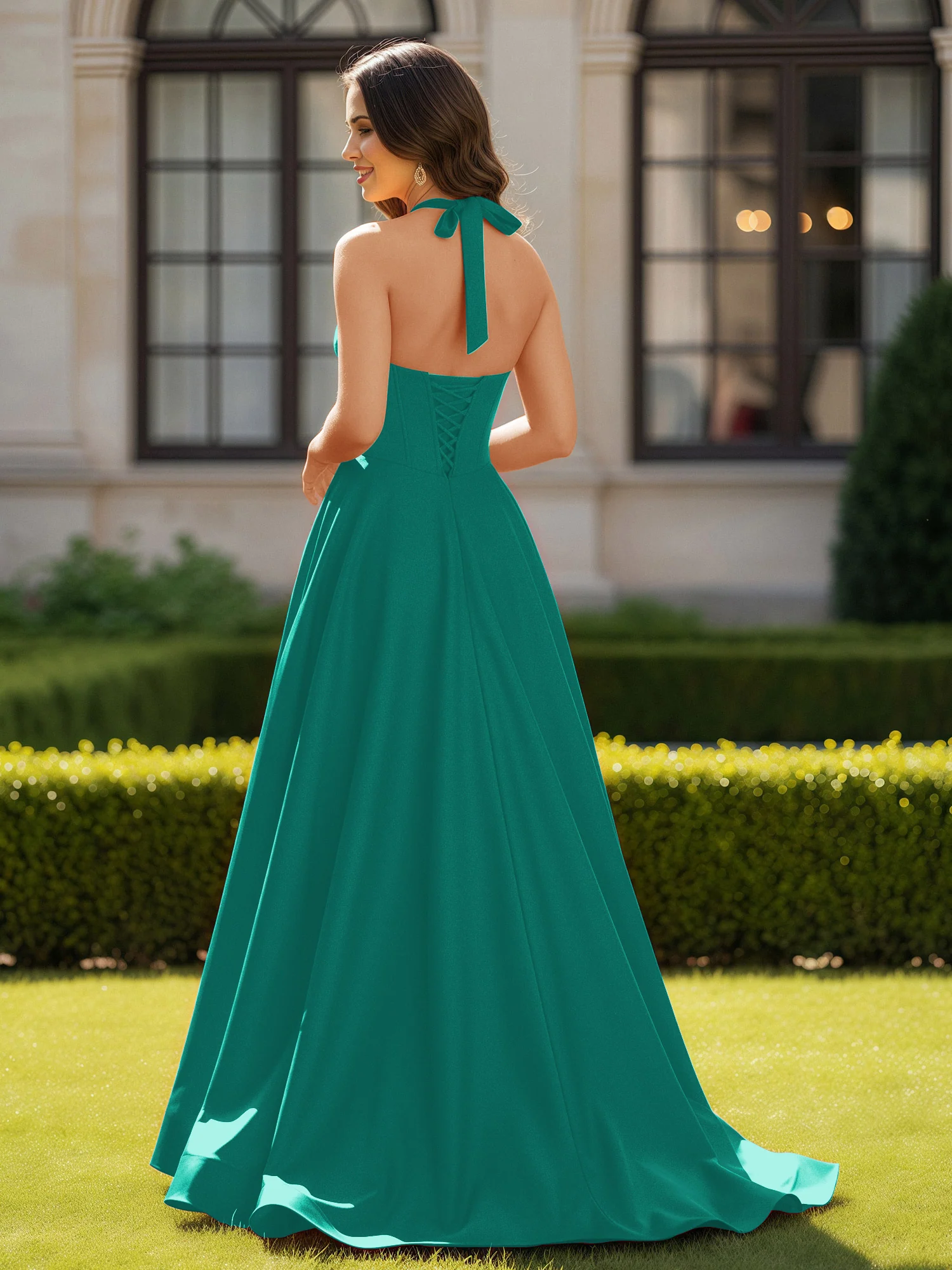 Halter Neck Sleeveless Satin Graceful Prom Dress Jade - Image 2