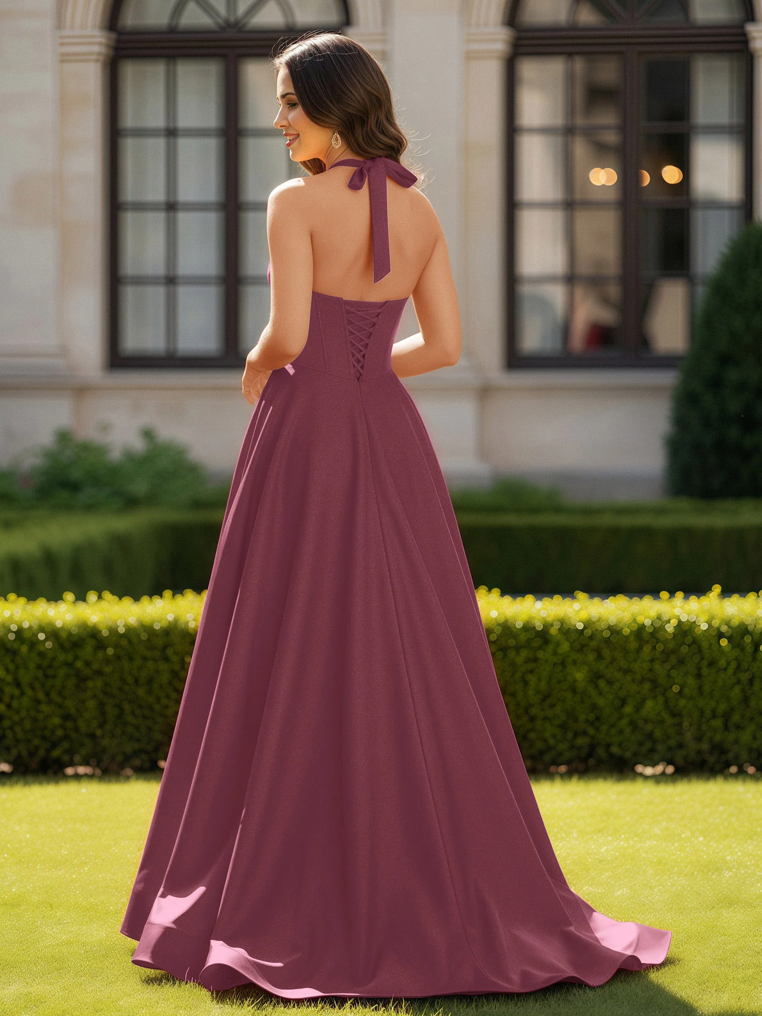 Halter Neck Sleeveless Satin Graceful Prom Dress Mulberry - Image 2