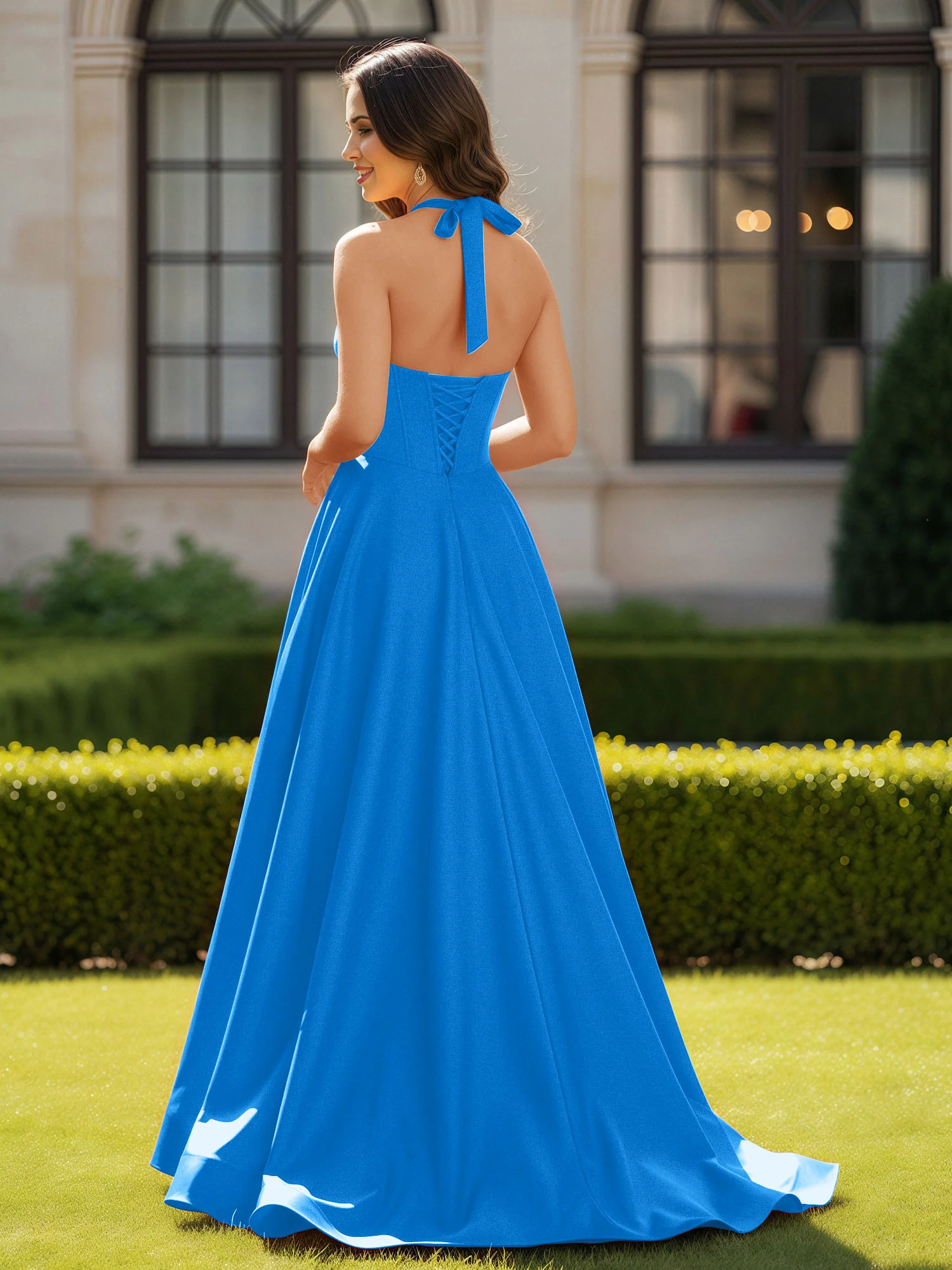 Halter Neck Sleeveless Satin Graceful Prom Dress Ocean Blue - Image 2