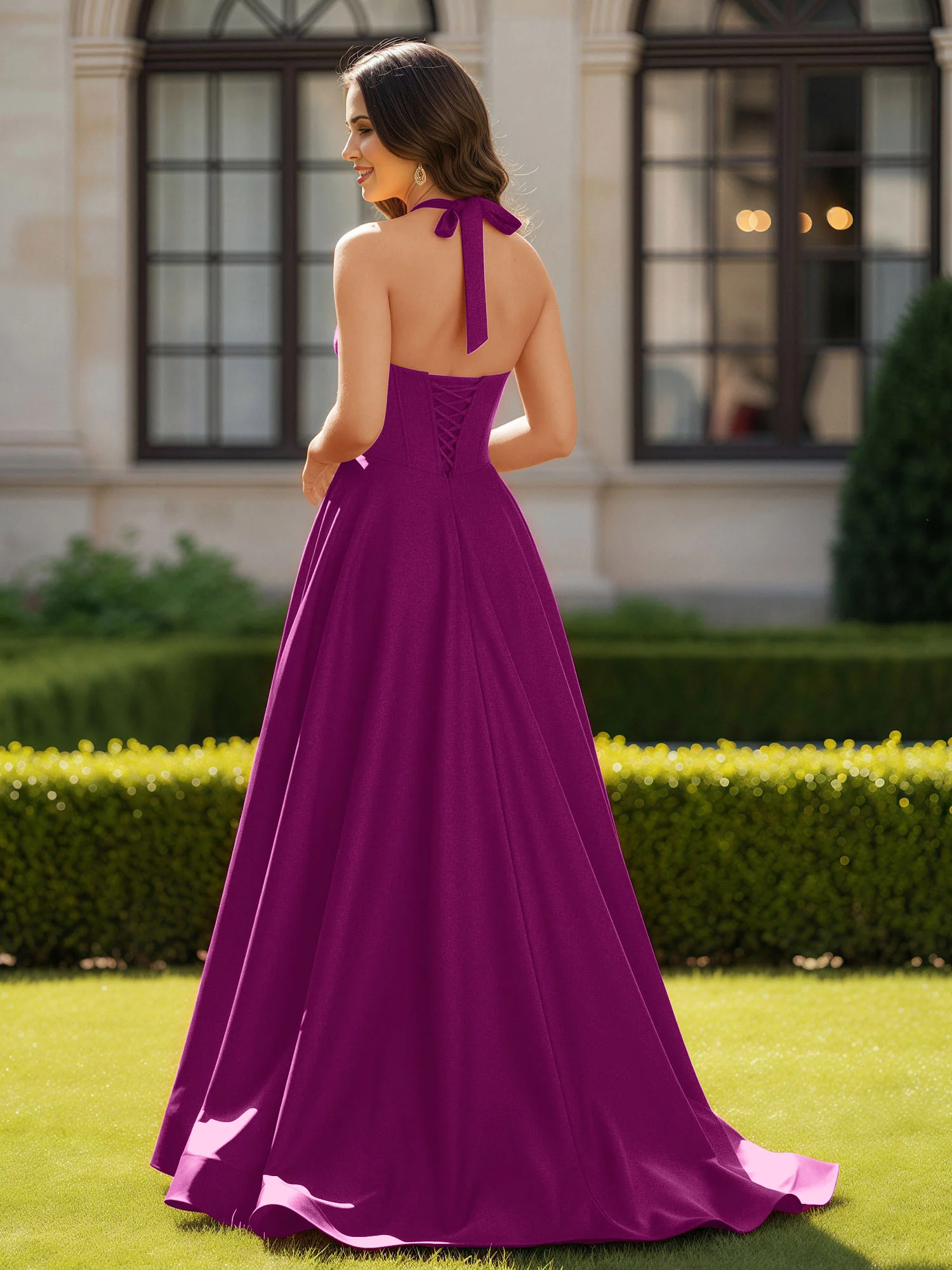 Halter Neck Sleeveless Satin Graceful Prom Dress Orchid - Image 2