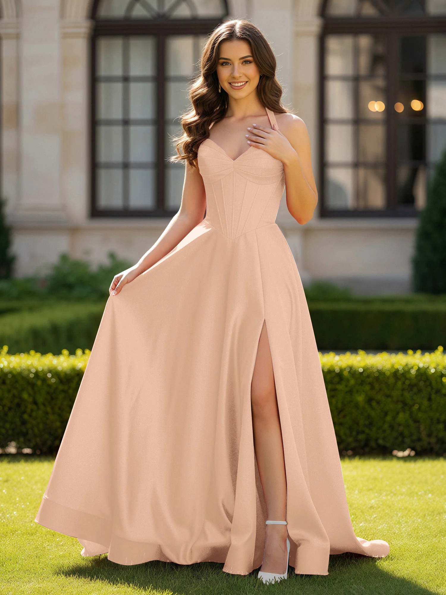 Halter Neck Sleeveless Satin Graceful Prom Dress Peach