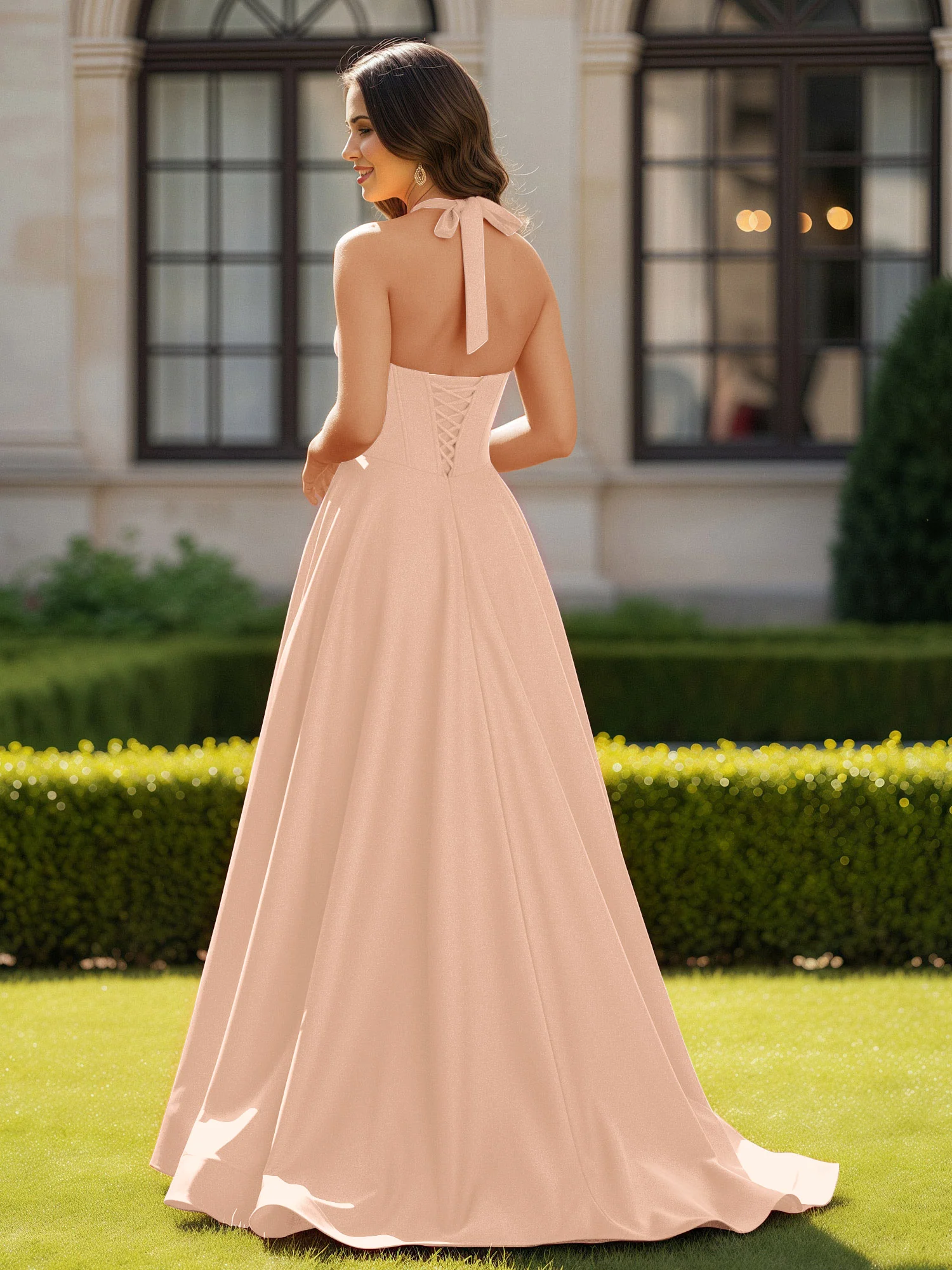 Halter Neck Sleeveless Satin Graceful Prom Dress Peach - Image 2