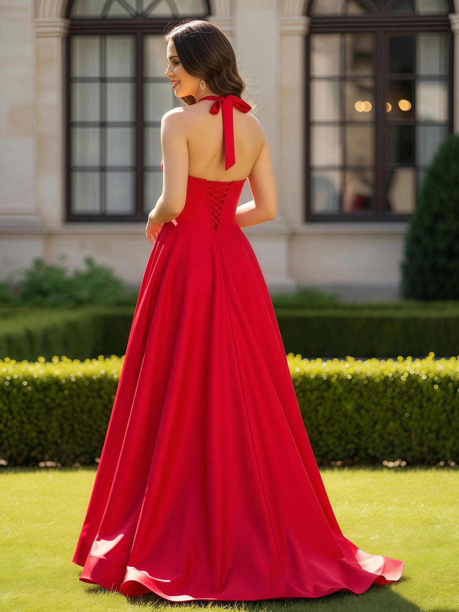 Halter Neck Sleeveless Satin Graceful Prom Dress Red - Image 2
