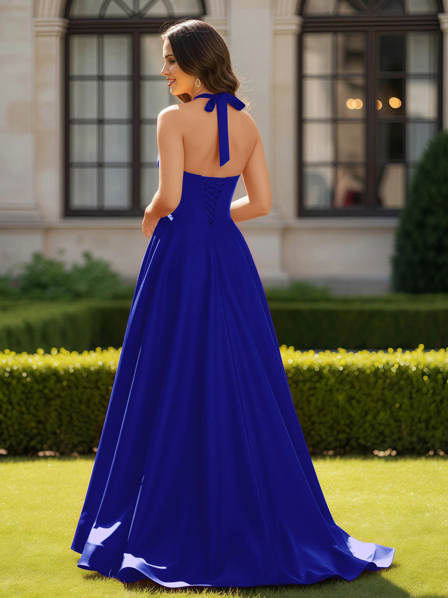 Halter Neck Sleeveless Satin Graceful Prom Dress Royal Blue - Image 2