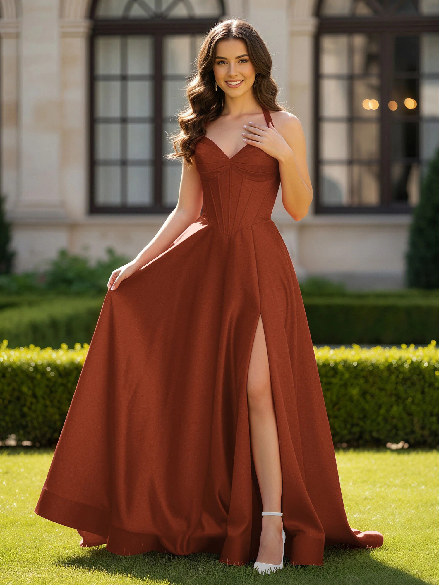 Halter Neck Sleeveless Satin Graceful Prom Dress Rust