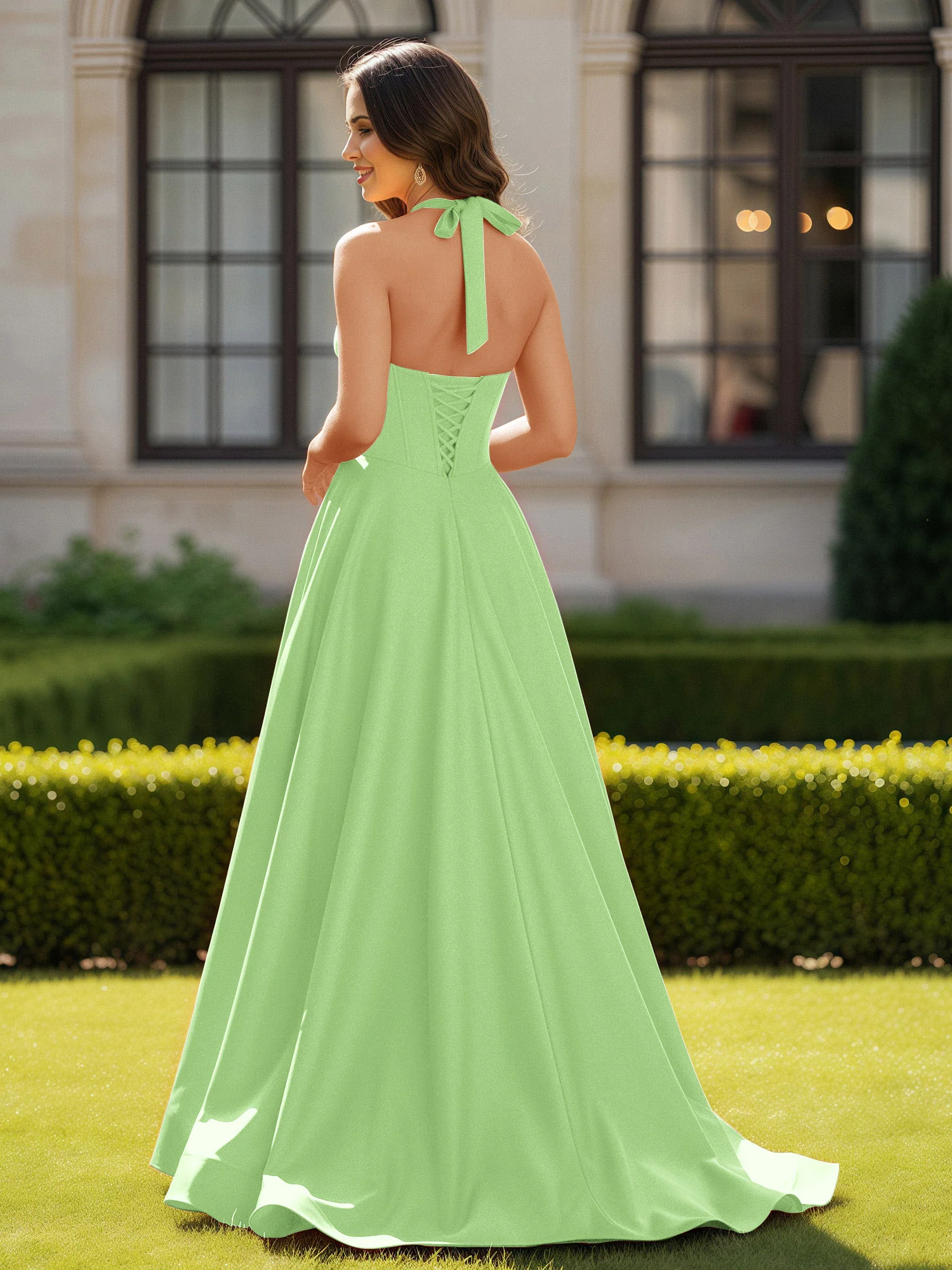 Halter Neck Sleeveless Satin Graceful Prom Dress Sage - Image 2