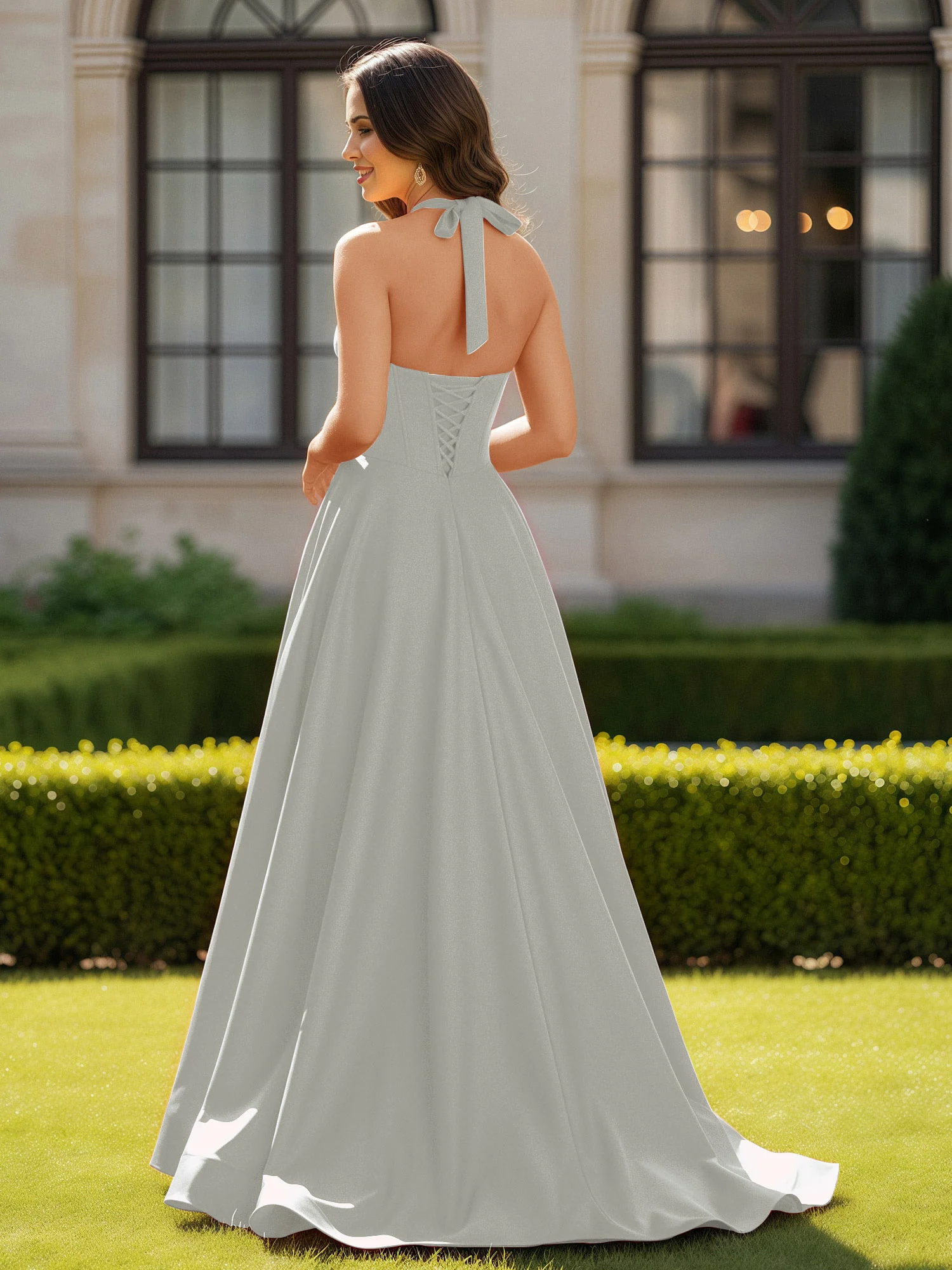 Halter Neck Sleeveless Satin Graceful Prom Dress Silver - Image 2