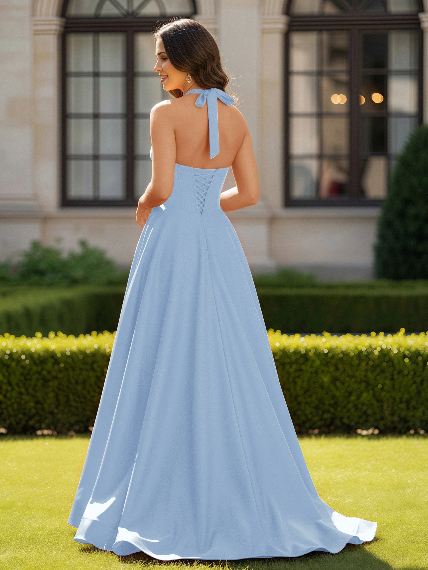 Halter Neck Sleeveless Satin Graceful Prom Dress Sky Blue - Image 2