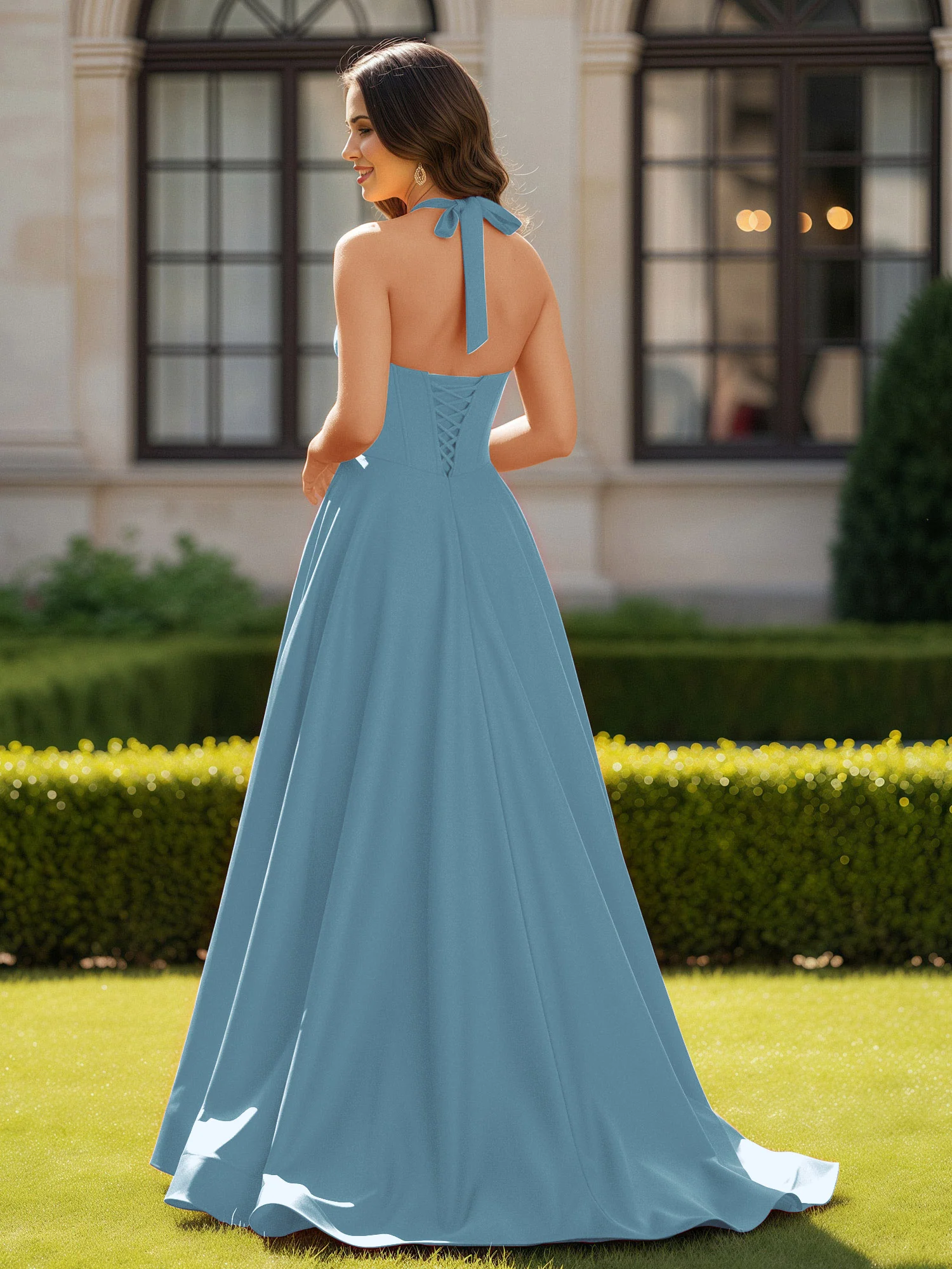 Halter Neck Sleeveless Satin Graceful Prom Dress Slate Blue - Image 2