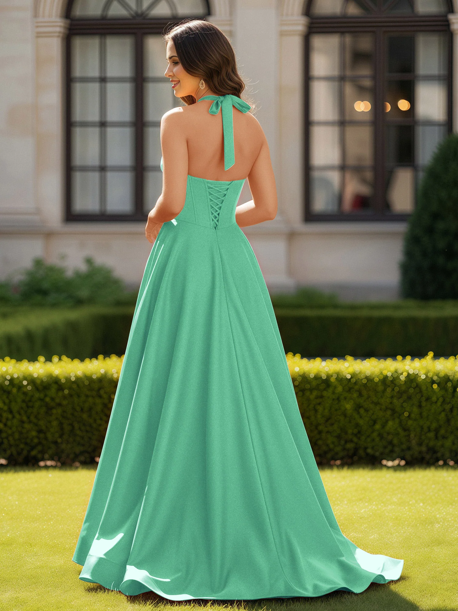 Halter Neck Sleeveless Satin Graceful Prom Dress Turquoise - Image 2