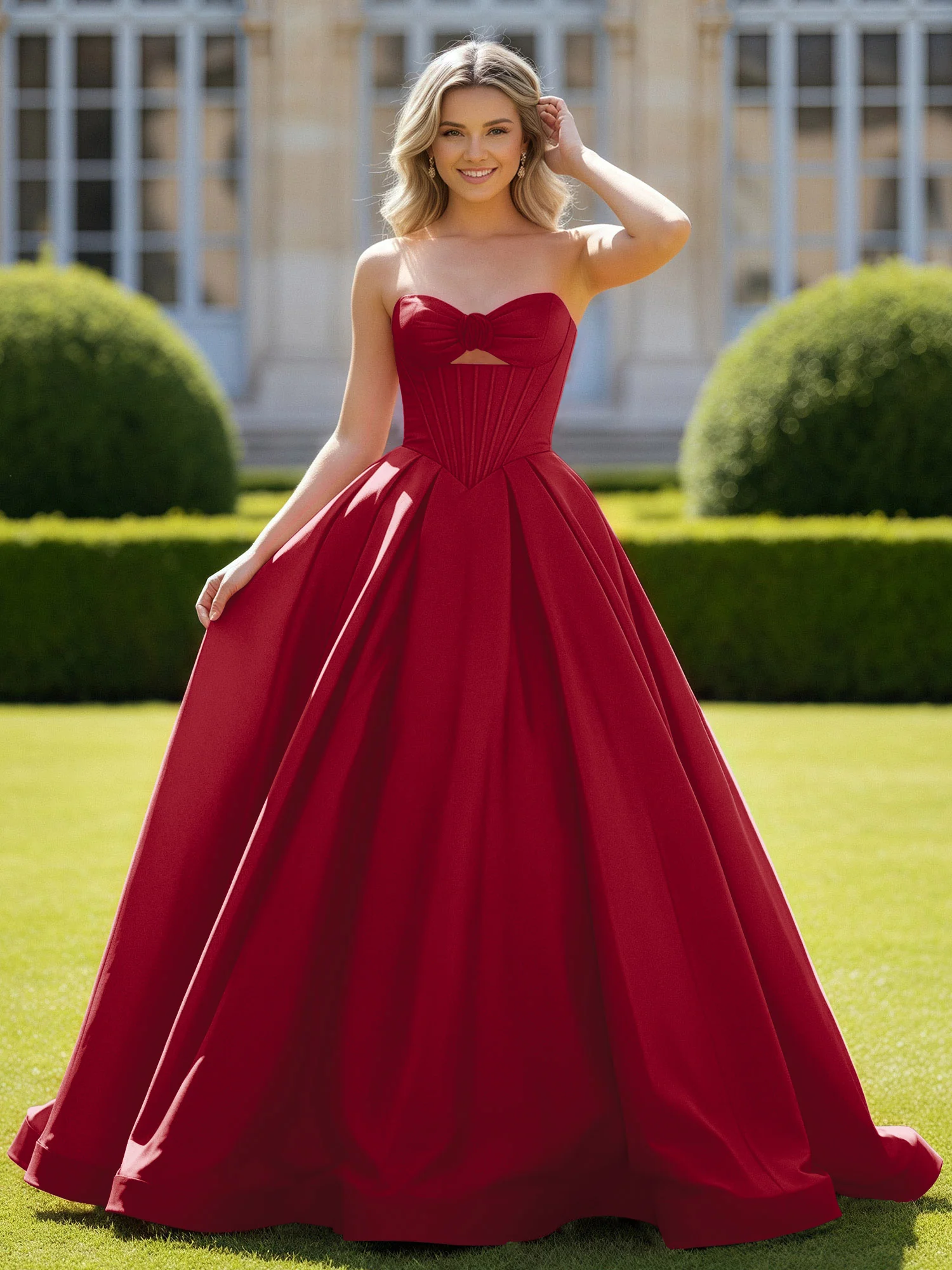 Sweetheart Satin Ball Gown Delicate Lace-Up Prom Dress Burgundy