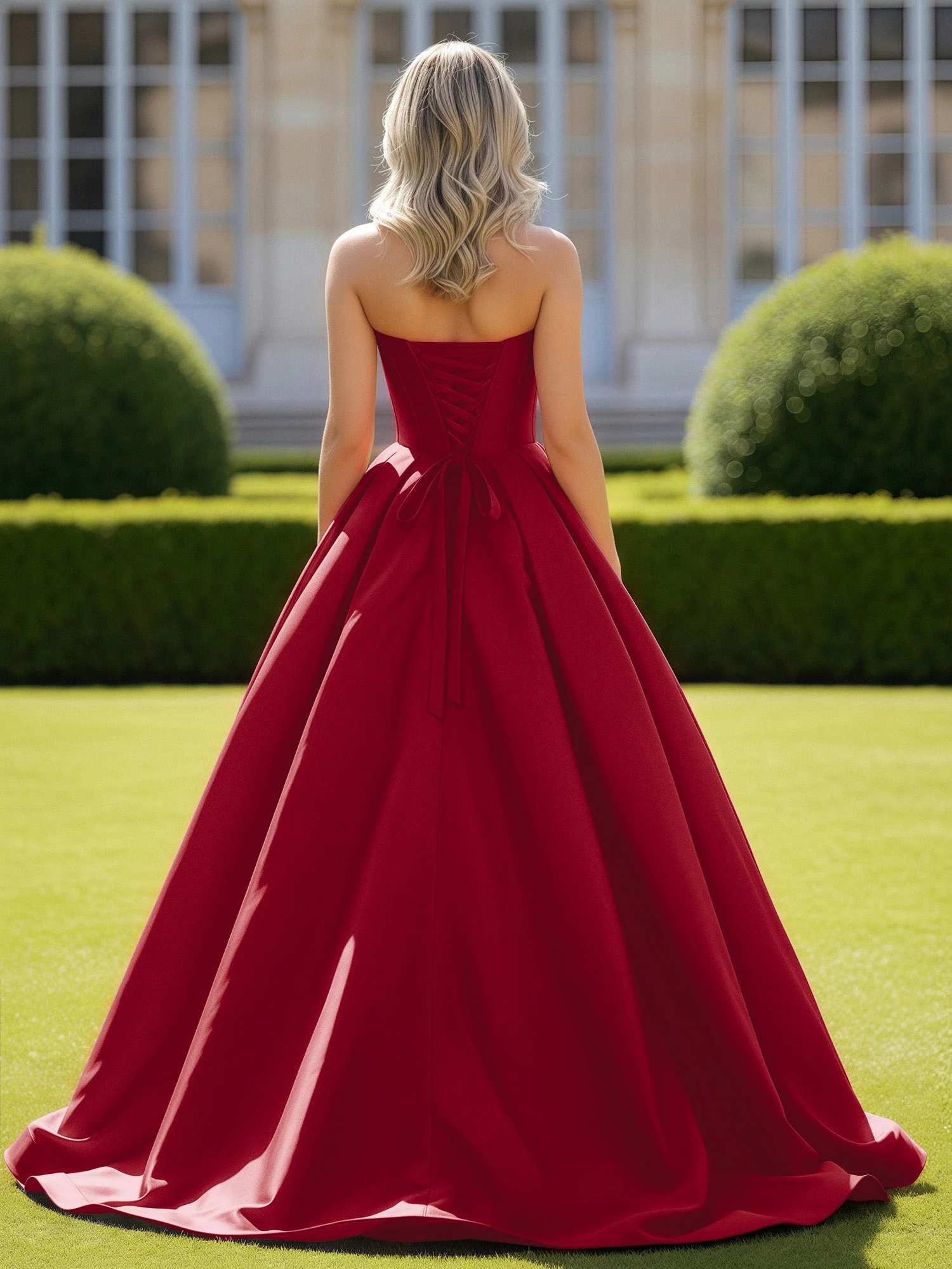 Sweetheart Satin Ball Gown Delicate Lace-Up Prom Dress Burgundy - Image 2