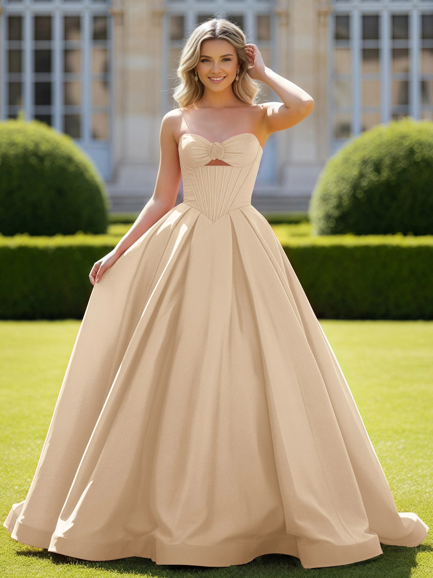 Sweetheart Satin Ball Gown Delicate Lace-Up Prom Dress Champagne