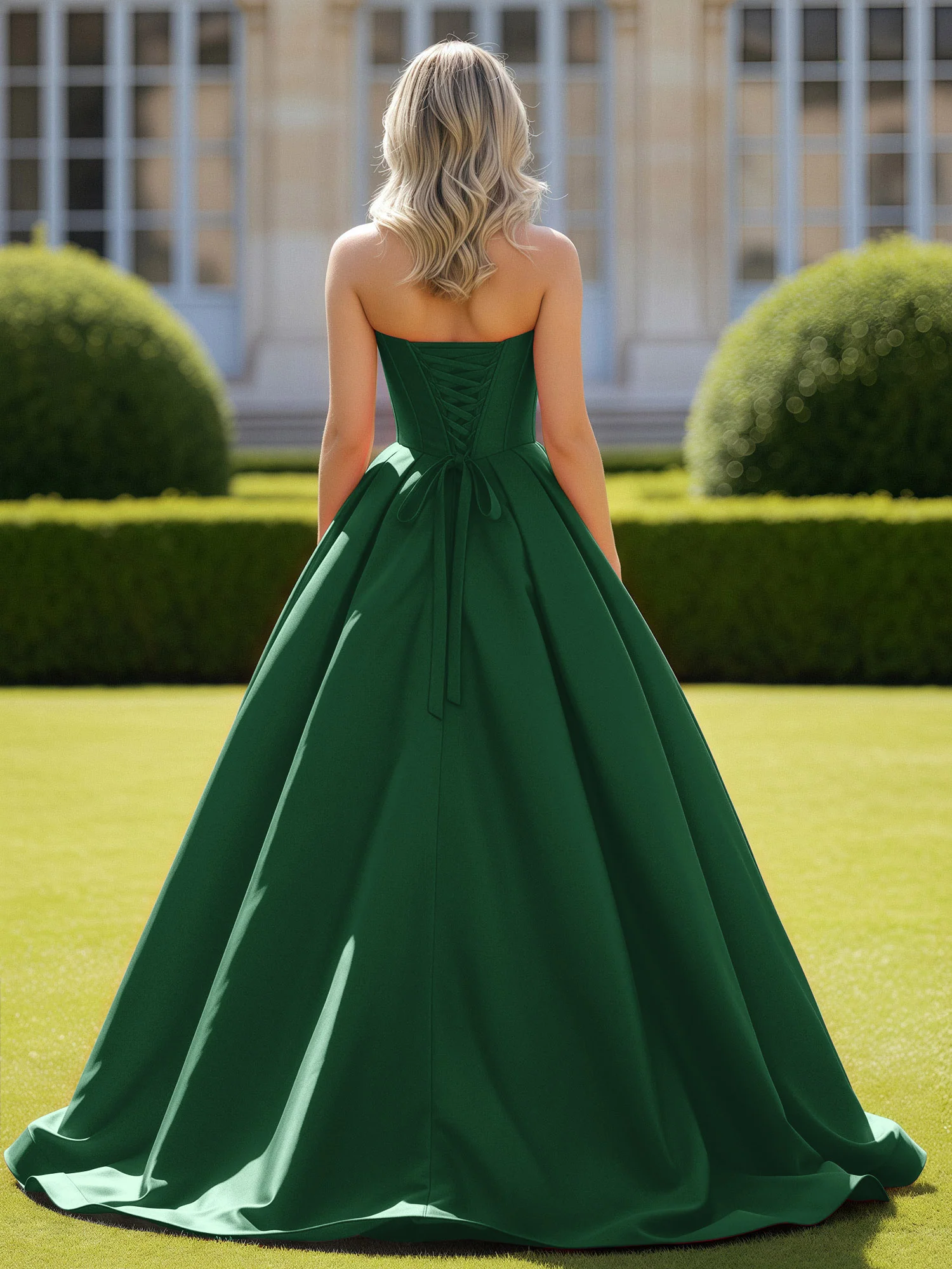 Sweetheart Satin Ball Gown Delicate Lace-Up Prom Dress Dark Green - Image 2