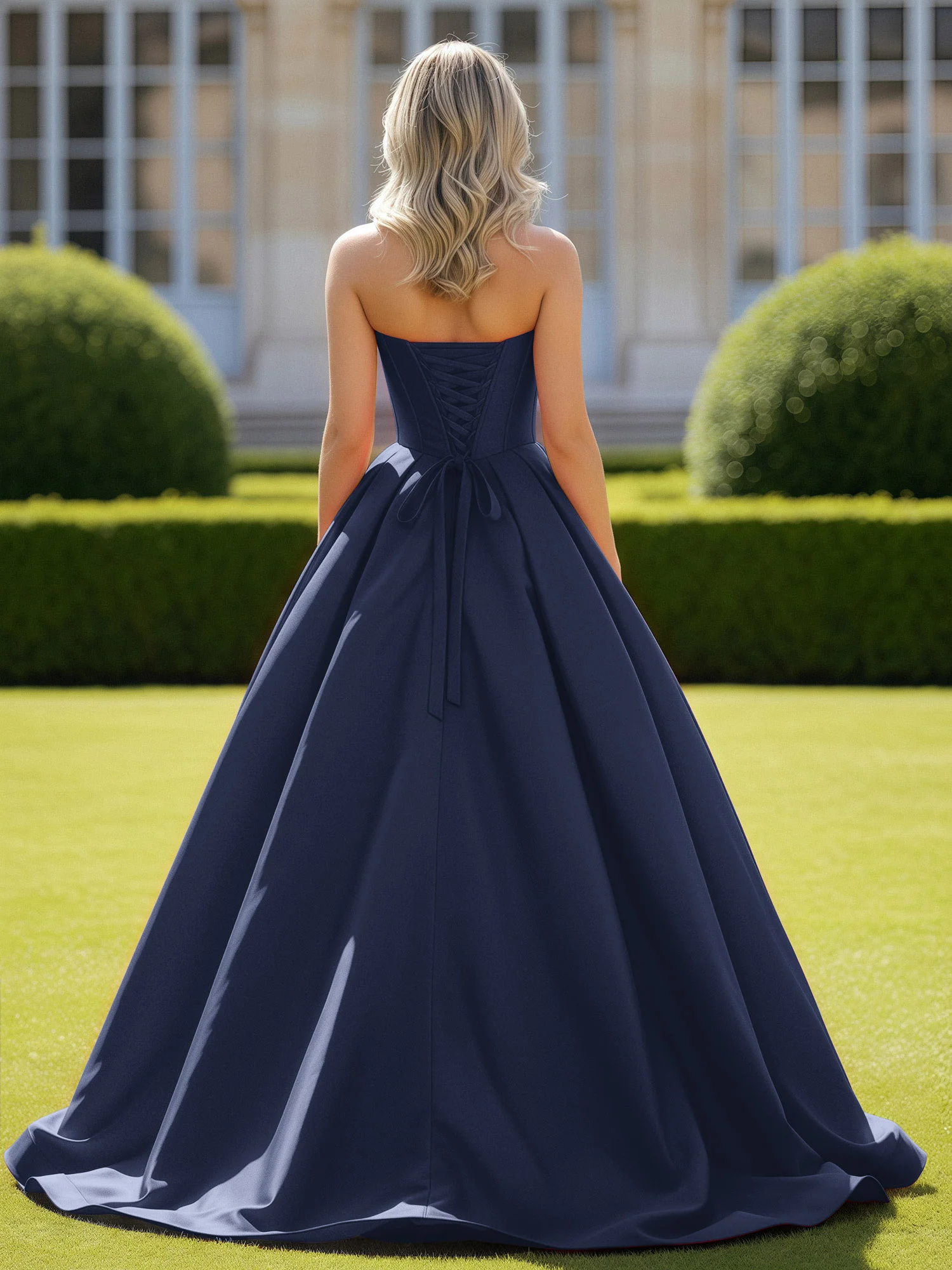 Sweetheart Satin Ball Gown Delicate Lace-Up Prom Dress Dark Navy - Image 2