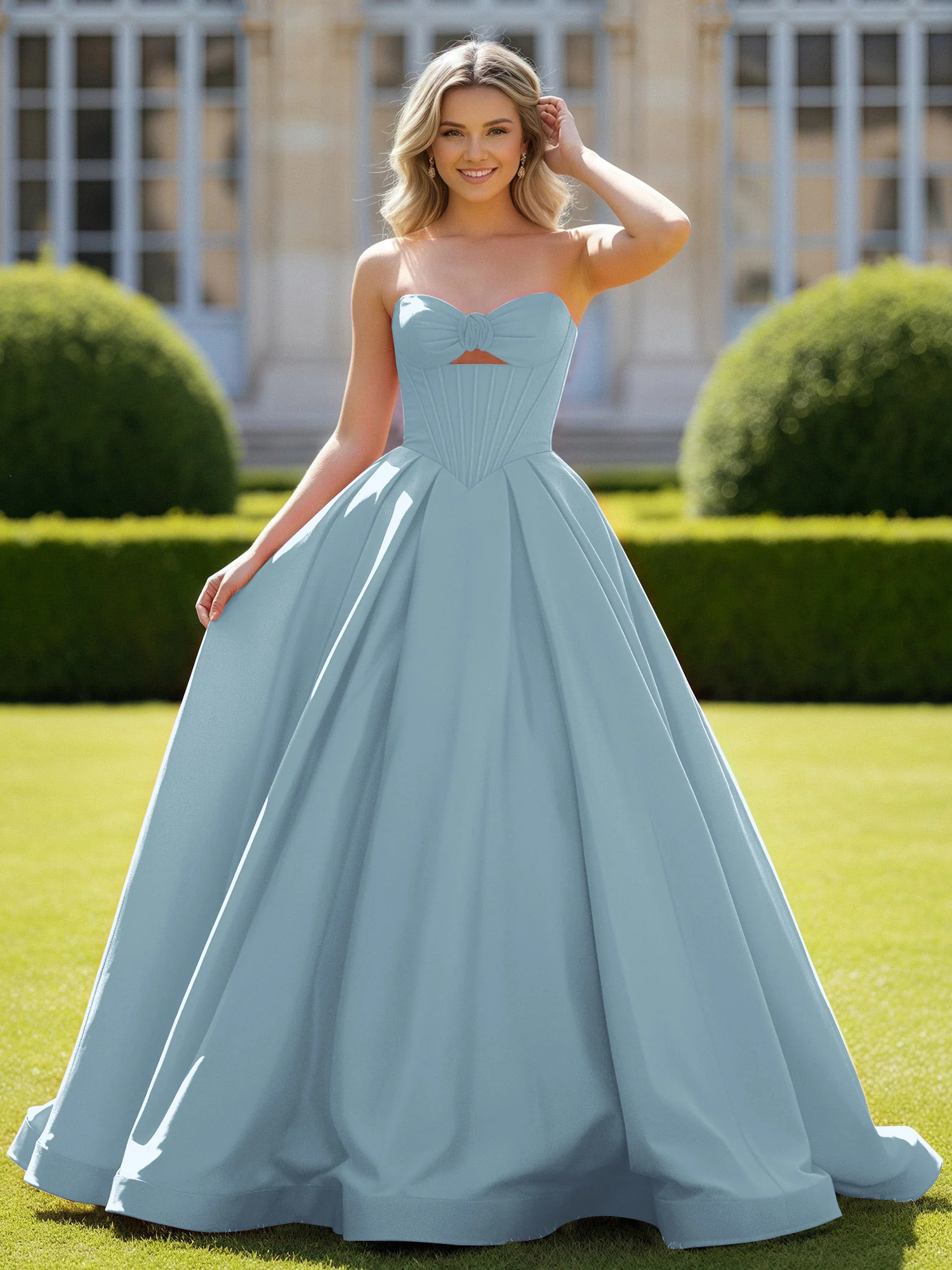 Sweetheart Satin Ball Gown Delicate Lace-Up Prom Dress Dusty Blue