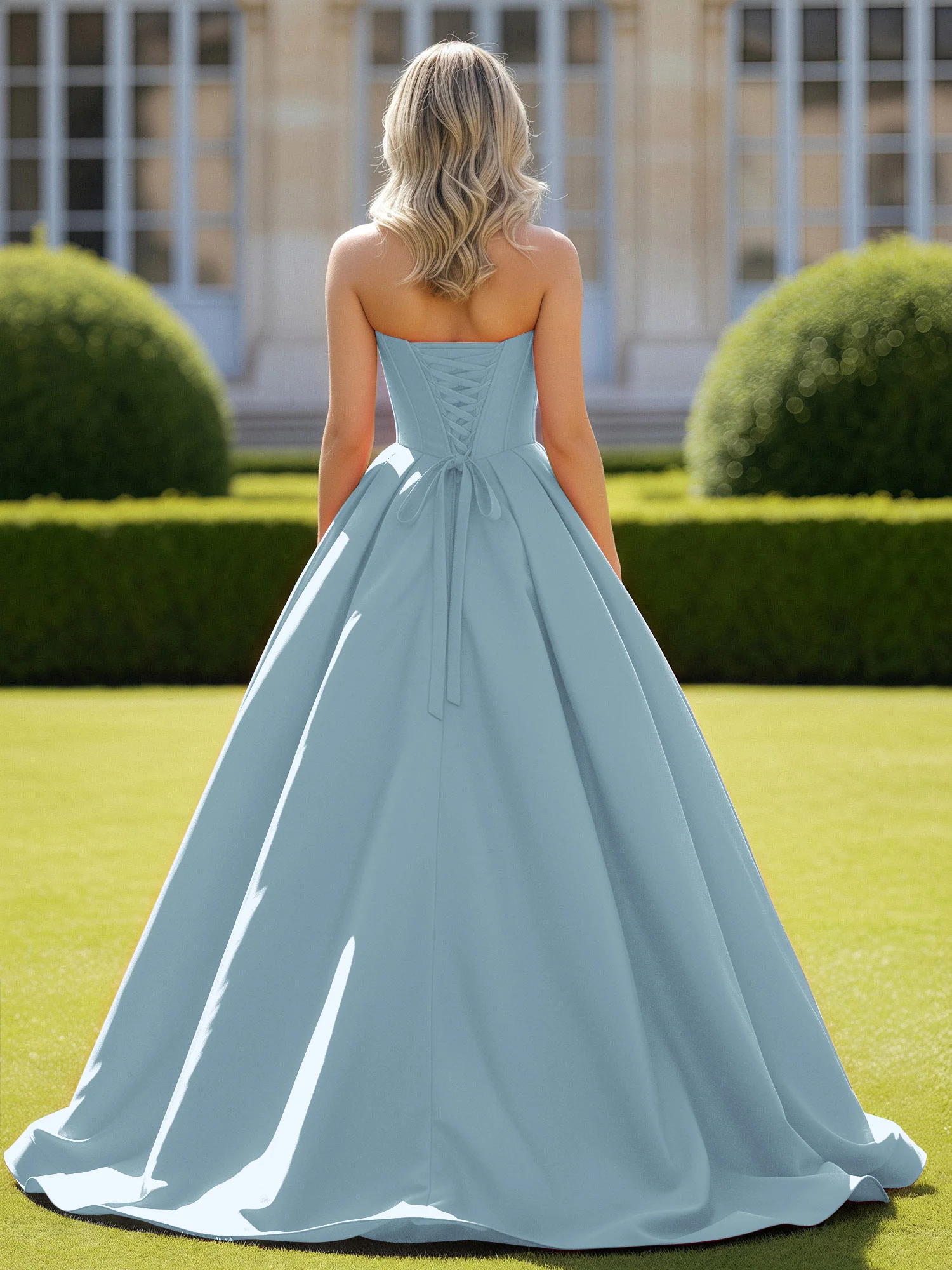 Sweetheart Satin Ball Gown Delicate Lace-Up Prom Dress Dusty Blue - Image 2