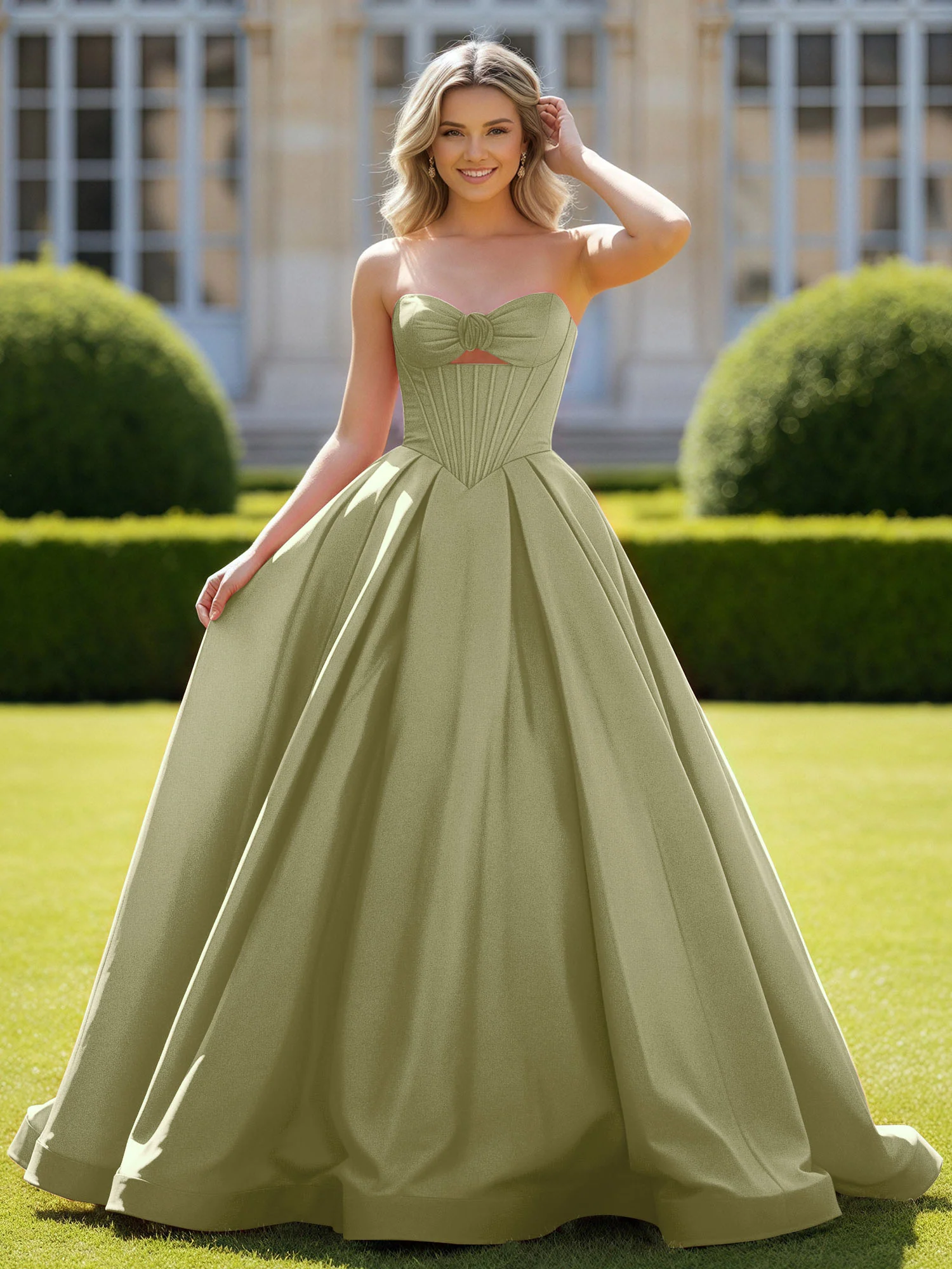 Sweetheart Satin Ball Gown Delicate Lace-Up Prom Dress Dusty Sage