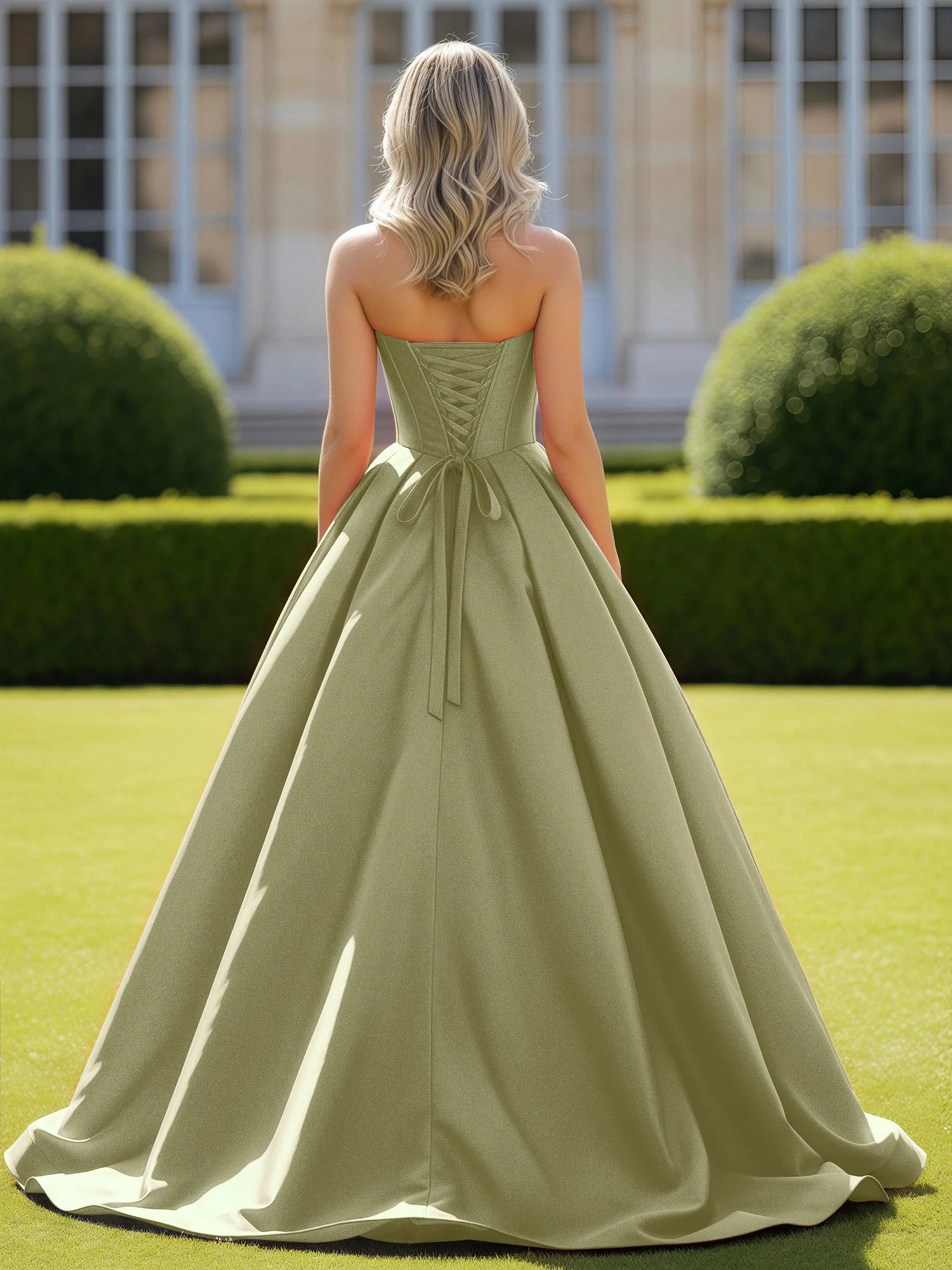 Sweetheart Satin Ball Gown Delicate Lace-Up Prom Dress Dusty Sage - Image 2
