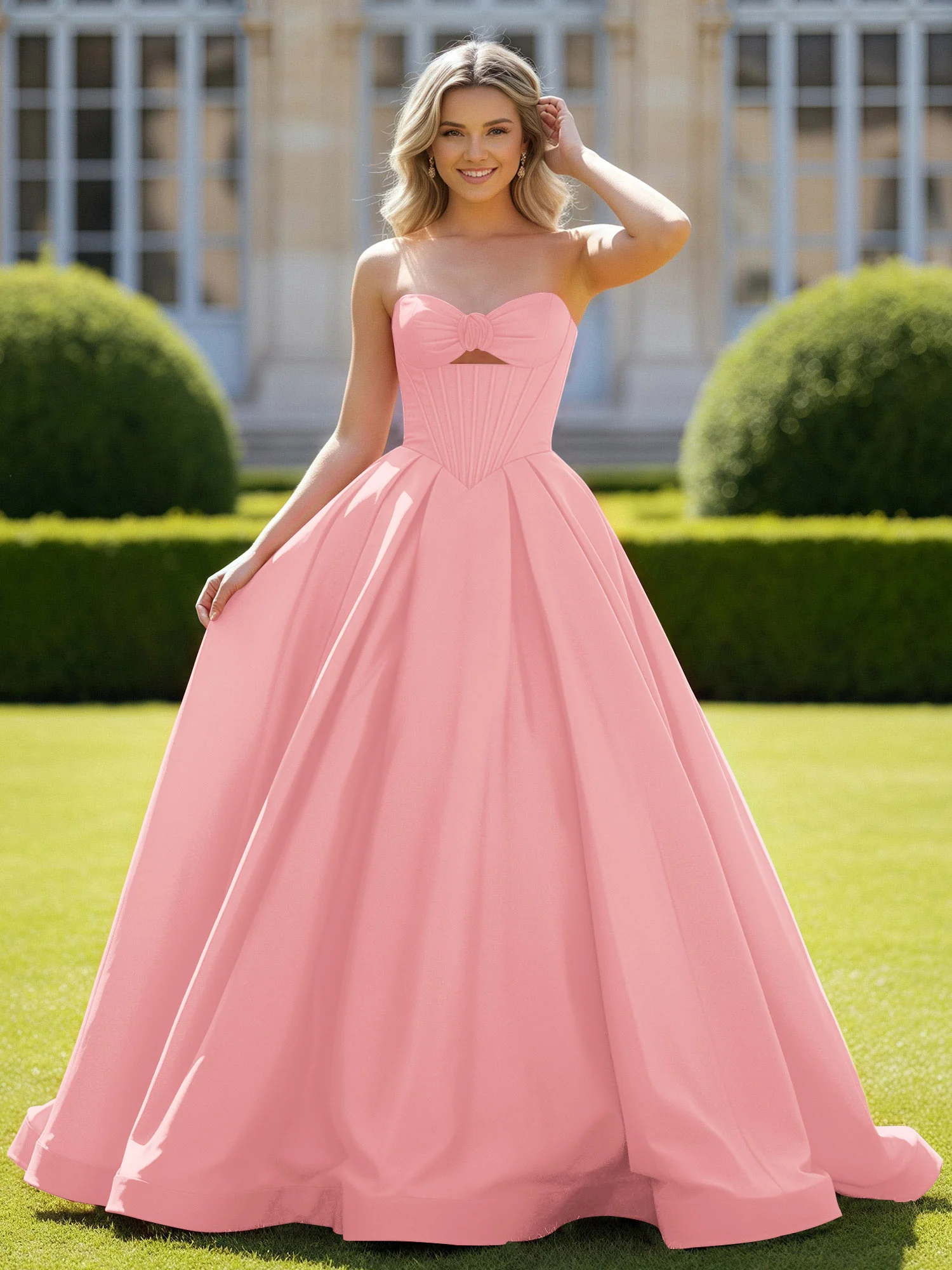 Sweetheart Satin Ball Gown Delicate Lace-Up Prom Dress Flamingo