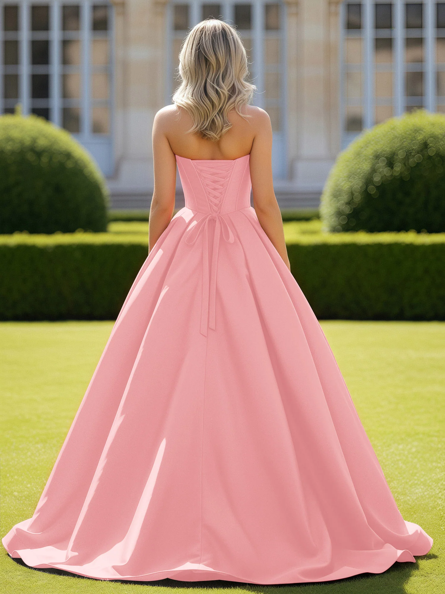 Sweetheart Satin Ball Gown Delicate Lace-Up Prom Dress Flamingo - Image 2