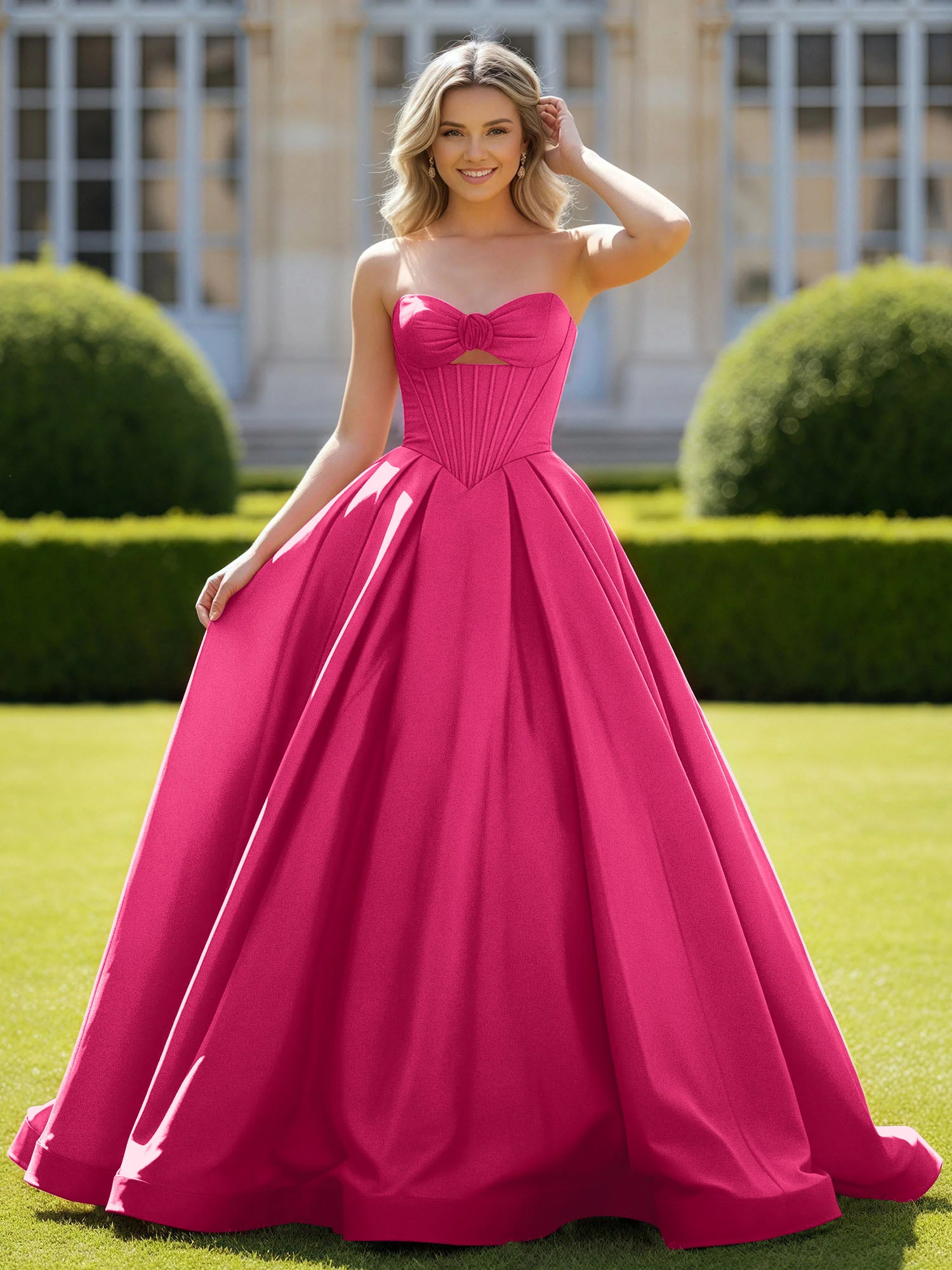 Sweetheart Satin Ball Gown Delicate Lace-Up Prom Dress Fuchsia