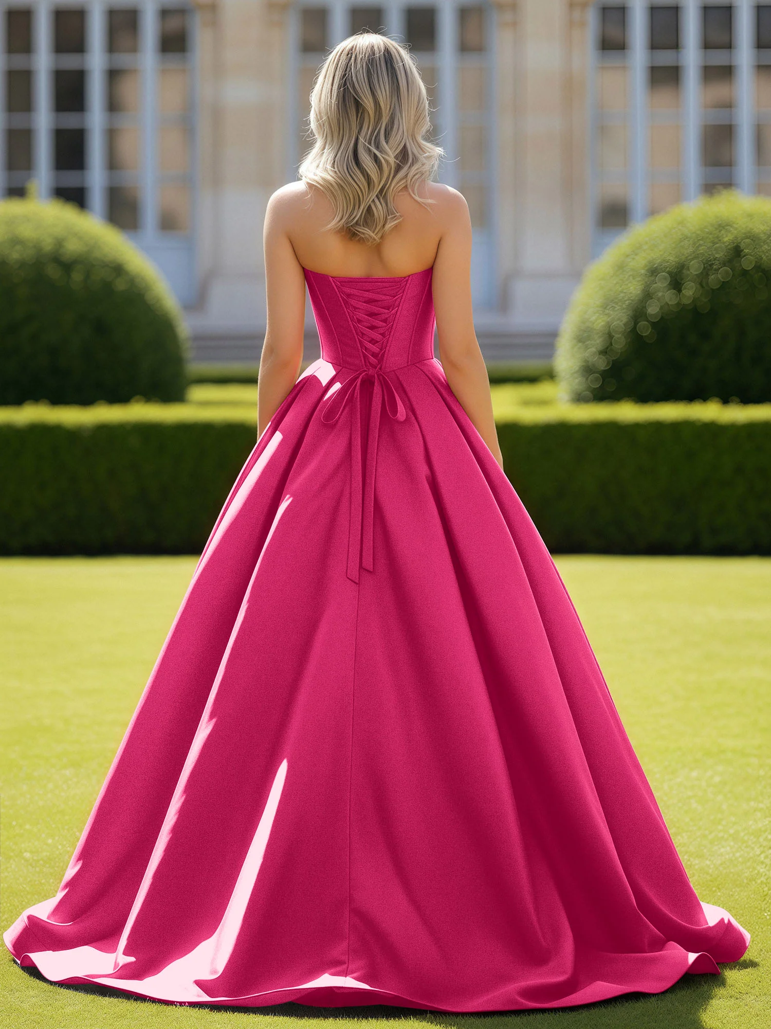 Sweetheart Satin Ball Gown Delicate Lace-Up Prom Dress Fuchsia - Image 2