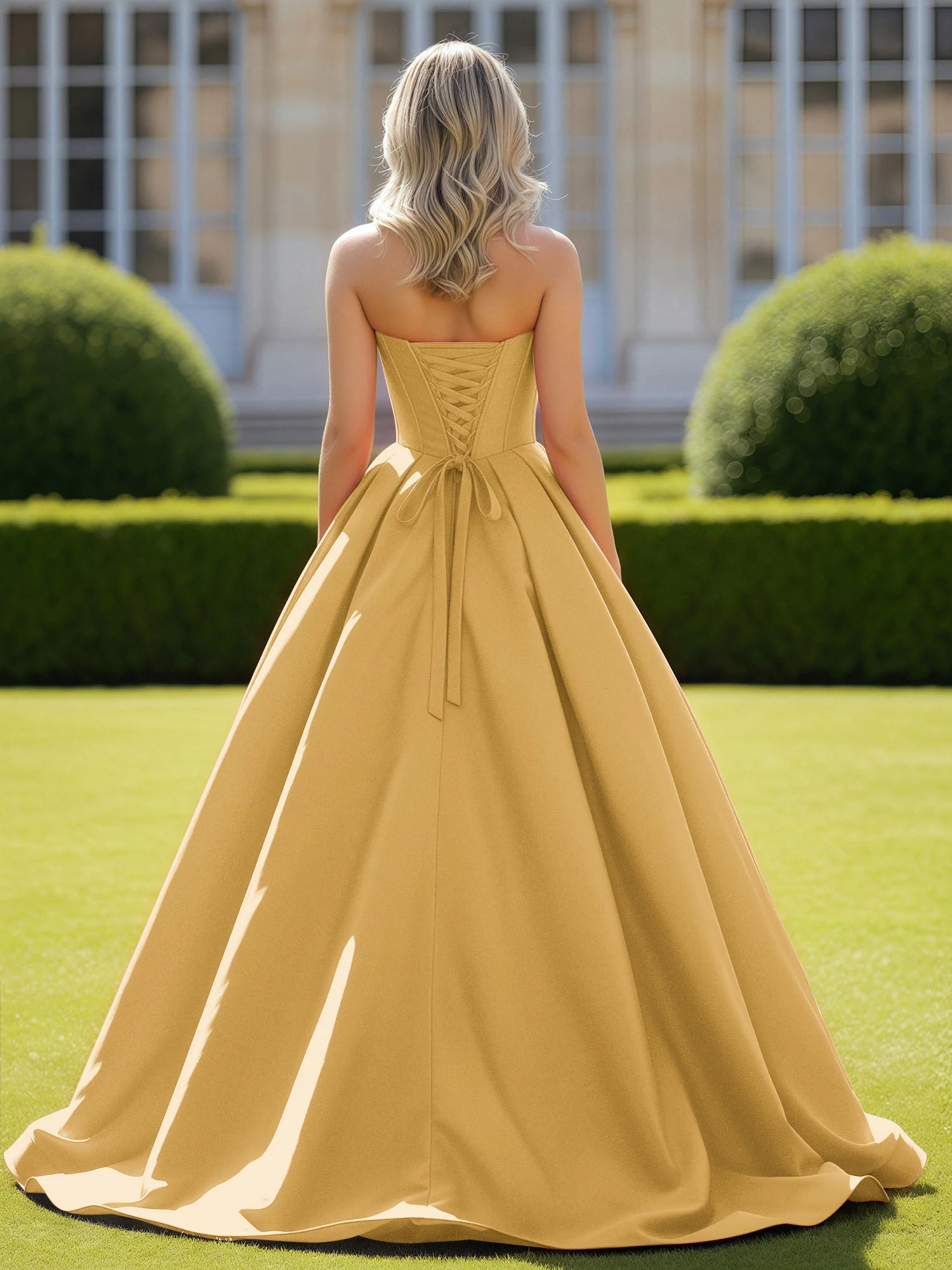 Sweetheart Satin Ball Gown Delicate Lace-Up Prom Dress Gold - Image 2