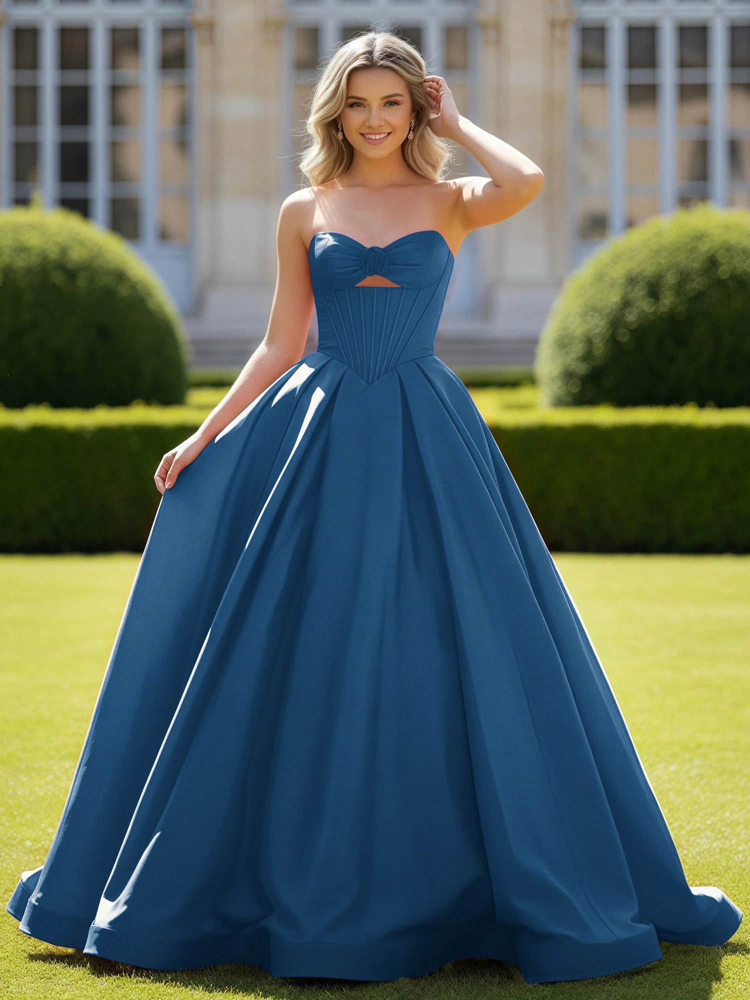 Sweetheart Satin Ball Gown Delicate Lace-Up Prom Dress Ink Blue