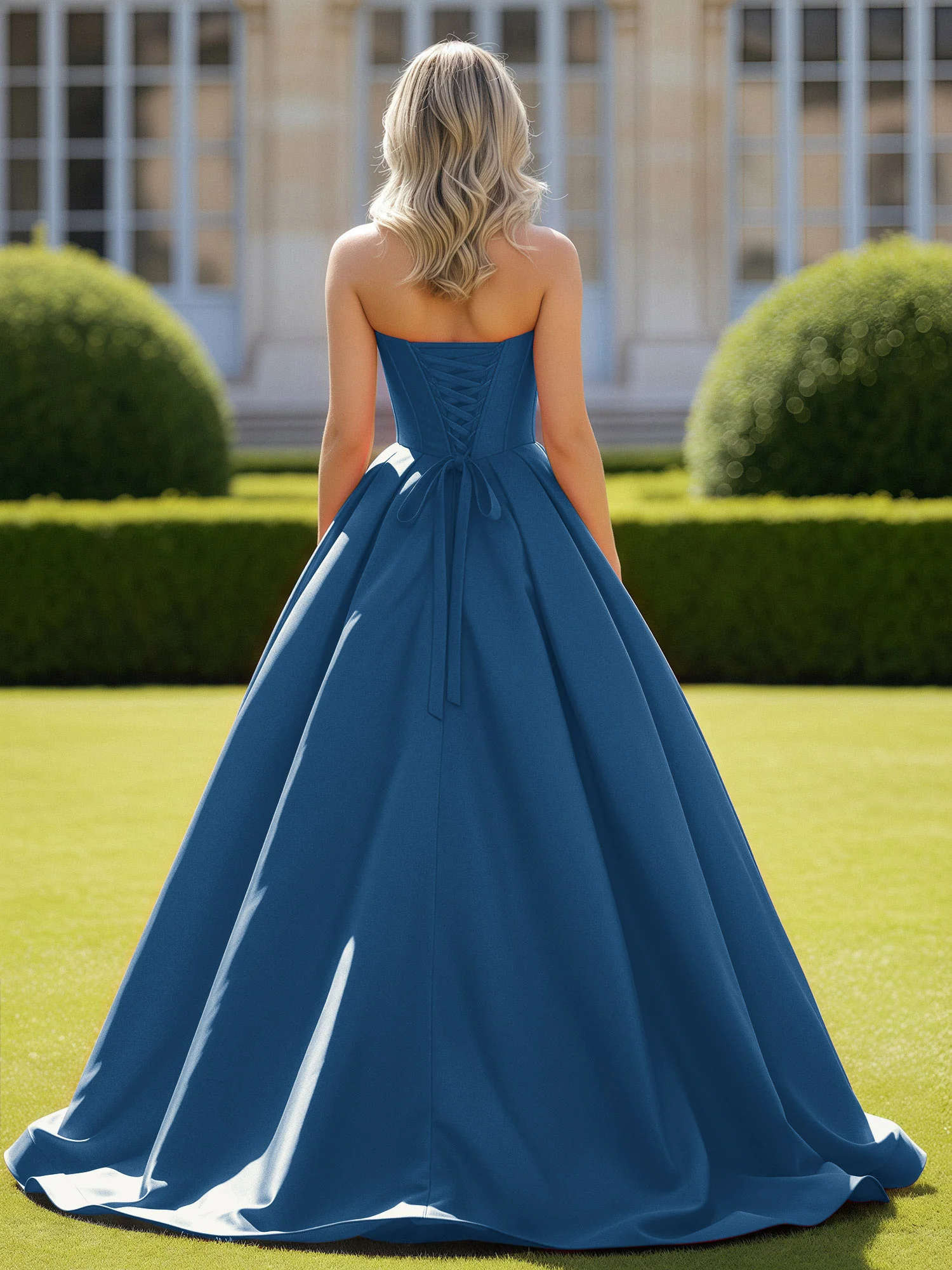 Sweetheart Satin Ball Gown Delicate Lace-Up Prom Dress Ink Blue - Image 2