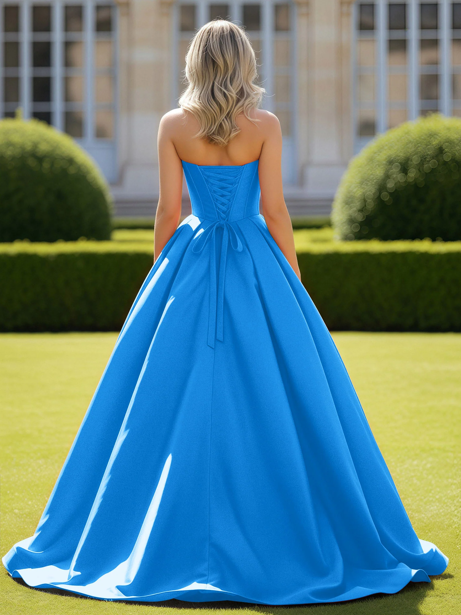 Sweetheart Satin Ball Gown Delicate Lace-Up Prom Dress Ocean Blue - Image 2