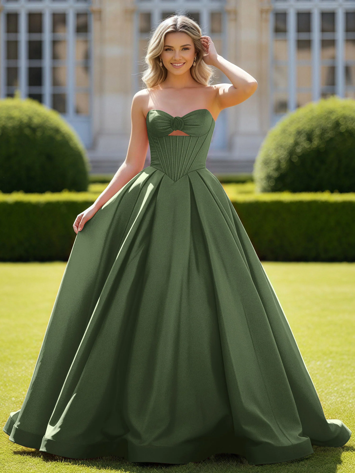 Sweetheart Satin Ball Gown Delicate Lace-Up Prom Dress Olive Green