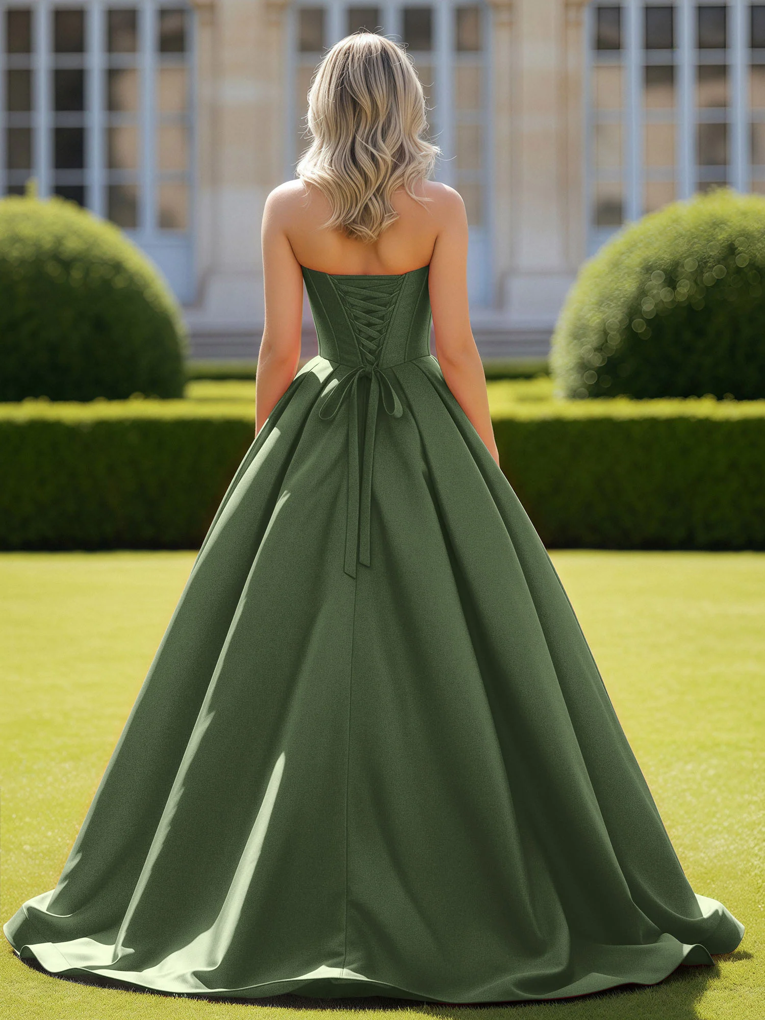 Sweetheart Satin Ball Gown Delicate Lace-Up Prom Dress Olive Green - Image 2