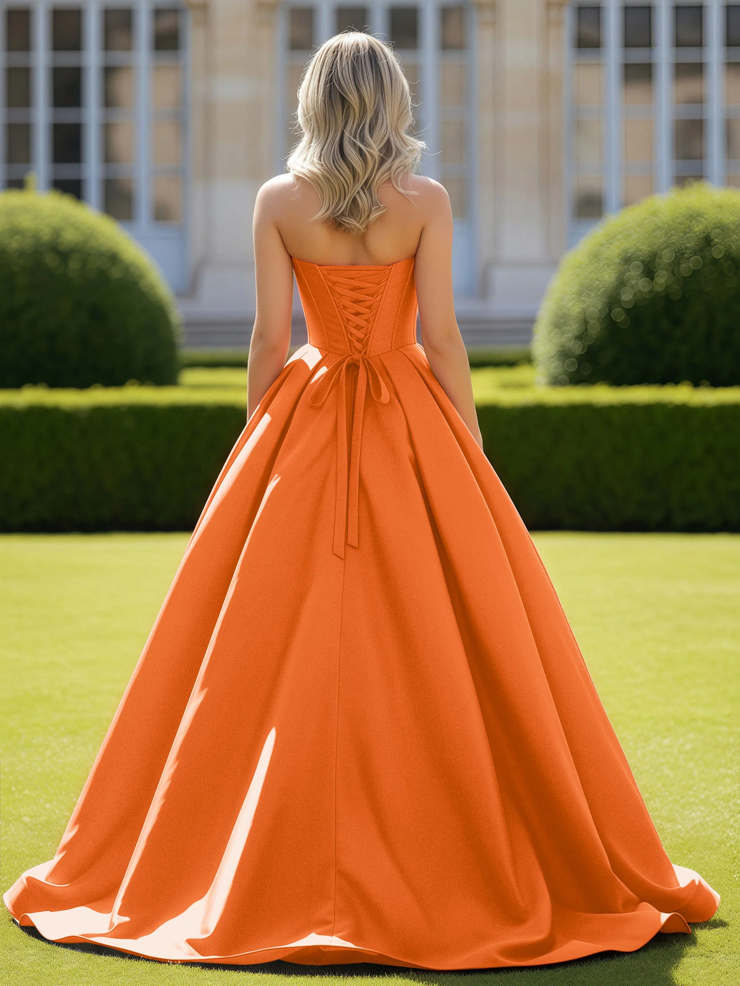 Sweetheart Satin Ball Gown Delicate Lace-Up Prom Dress Orange - Image 2
