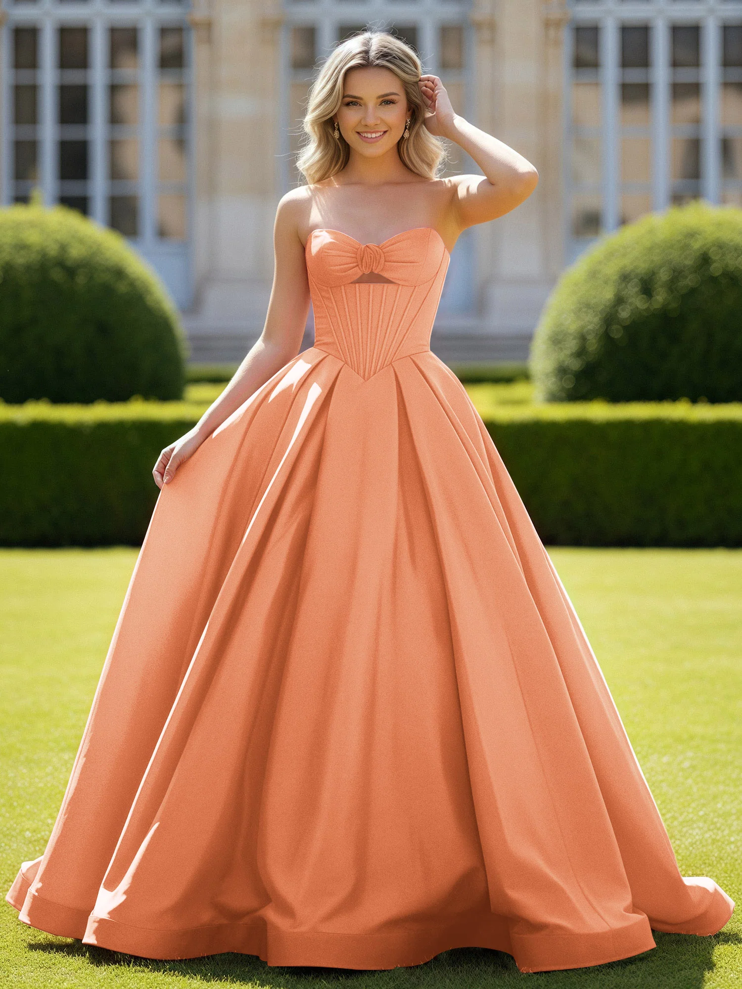 Sweetheart Satin Ball Gown Delicate Lace-Up Prom Dress Papaya