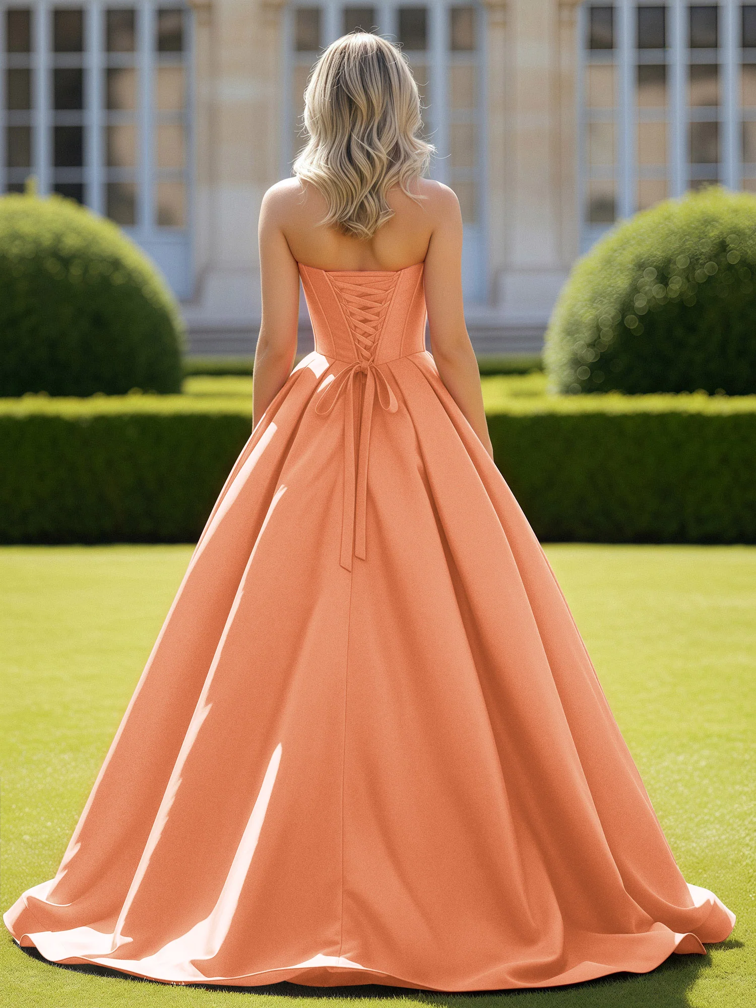 Sweetheart Satin Ball Gown Delicate Lace-Up Prom Dress Papaya - Image 2