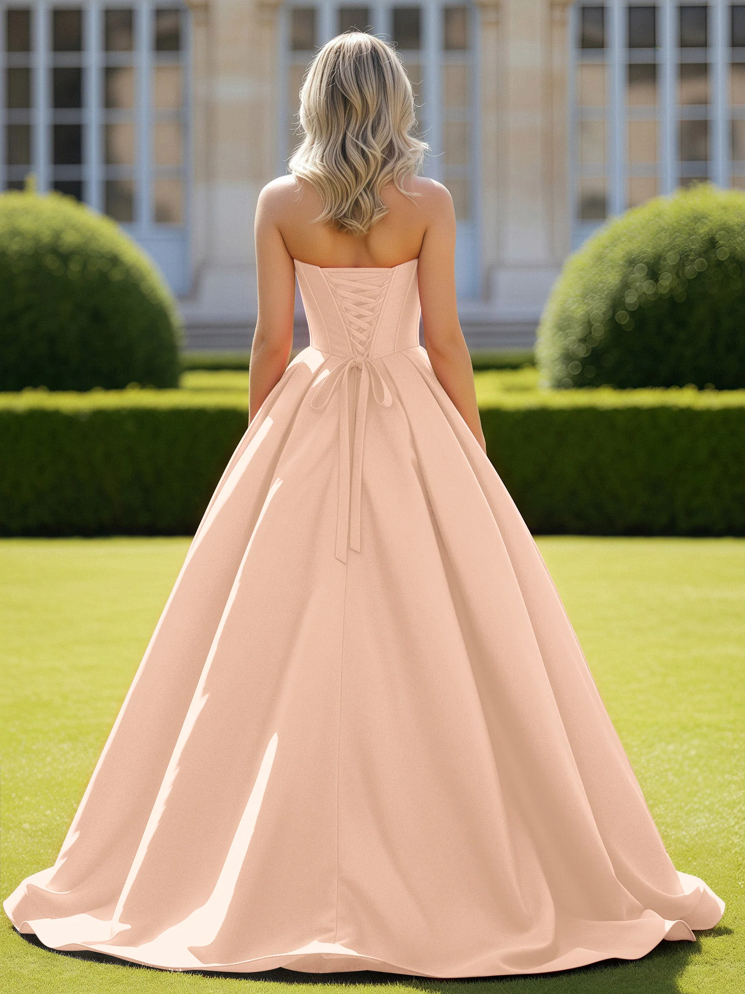 Sweetheart Satin Ball Gown Delicate Lace-Up Prom Dress Peach - Image 2