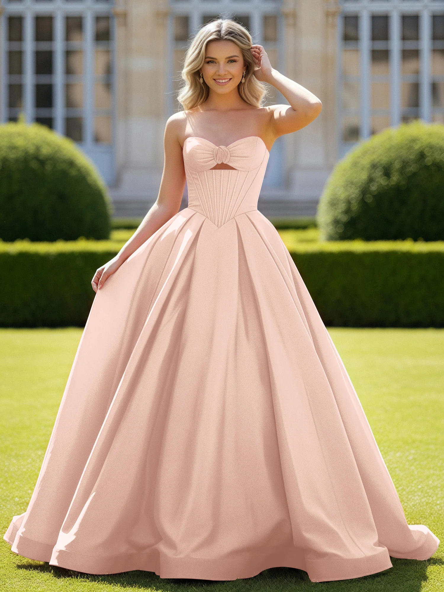 Sweetheart Satin Ball Gown Delicate Lace-Up Prom Dress Pearl Pink
